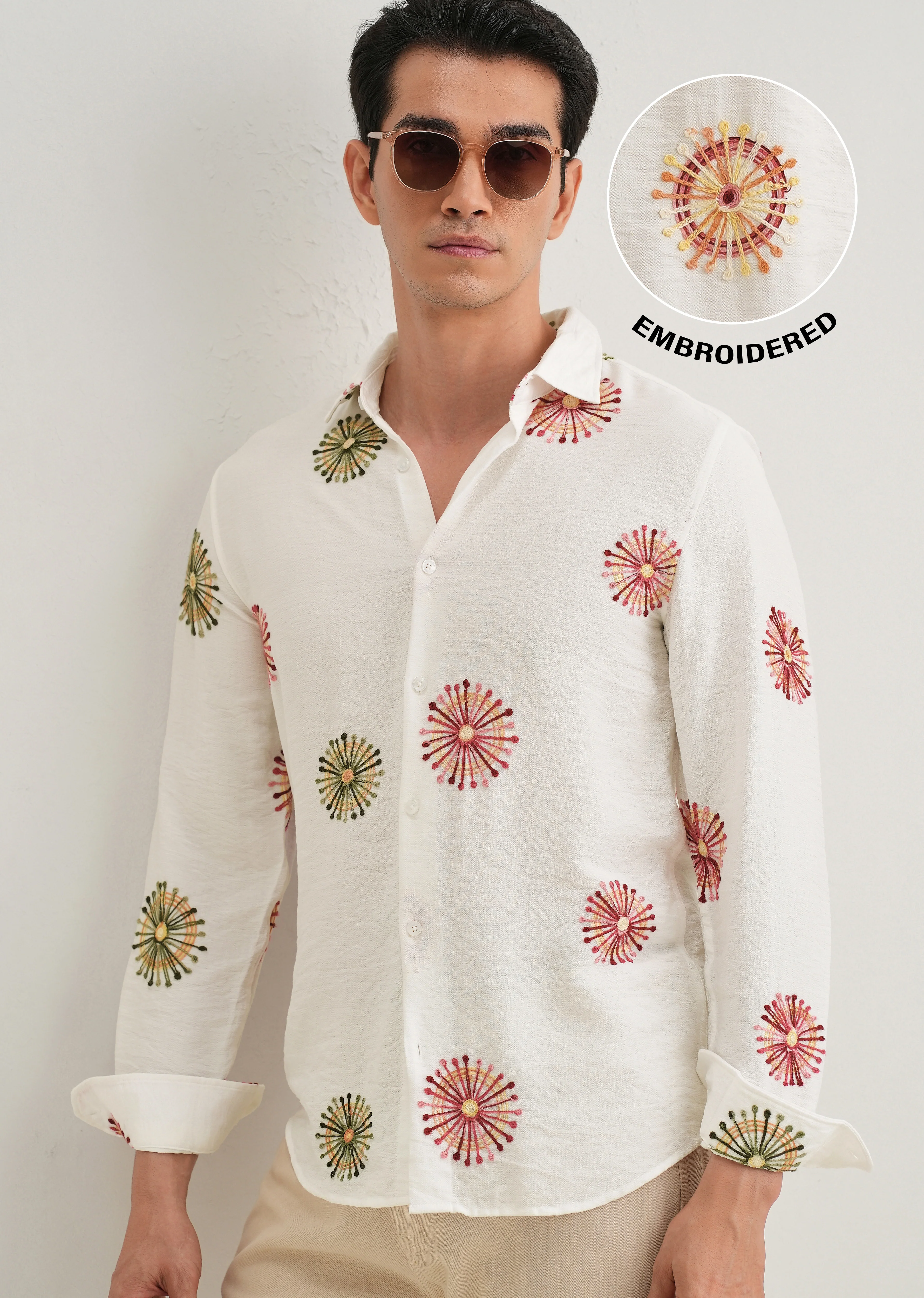 White Circular Embroidery Shirt - Image 7