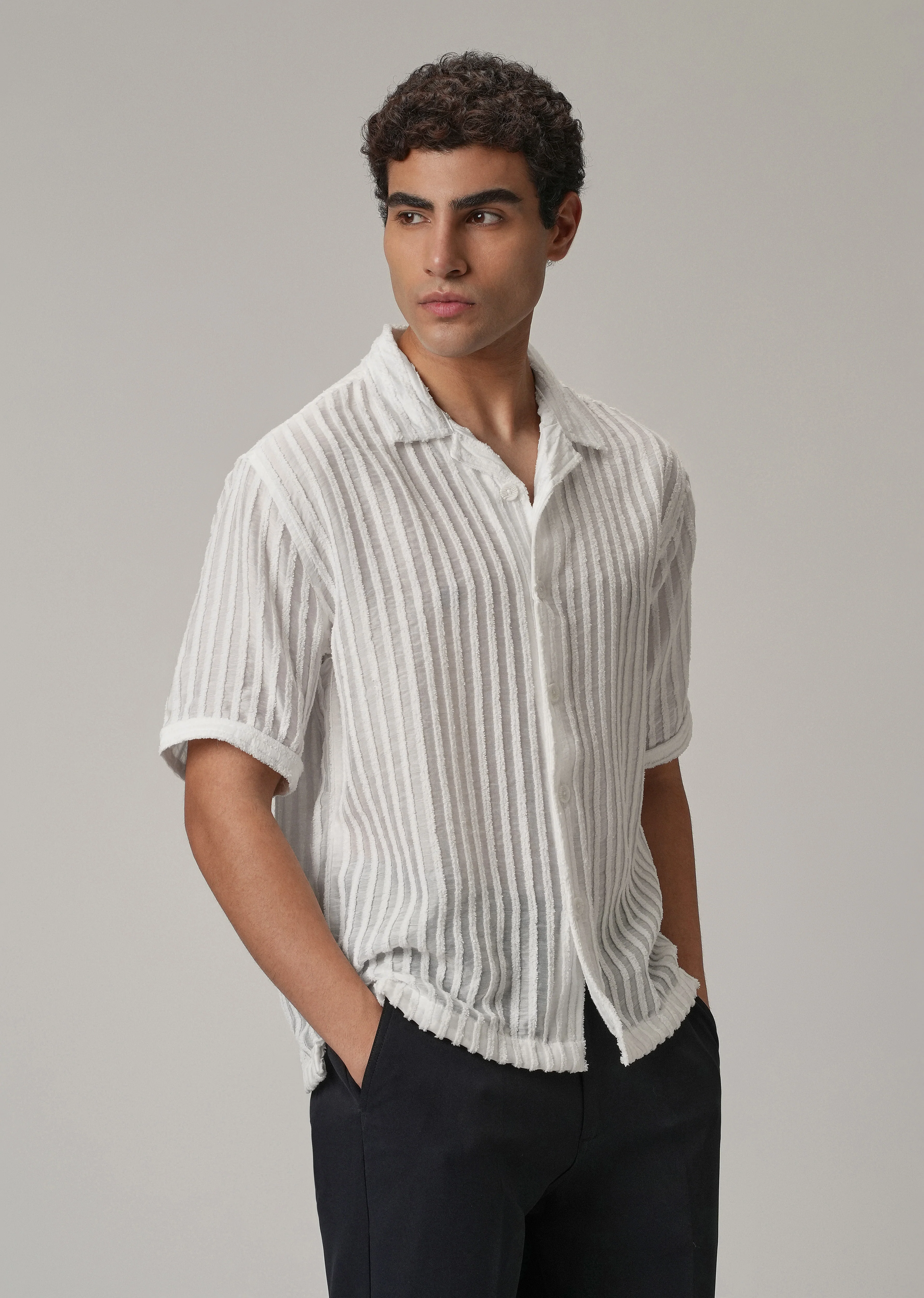 White Clip Jacquard Stripe Shirt - Image 4