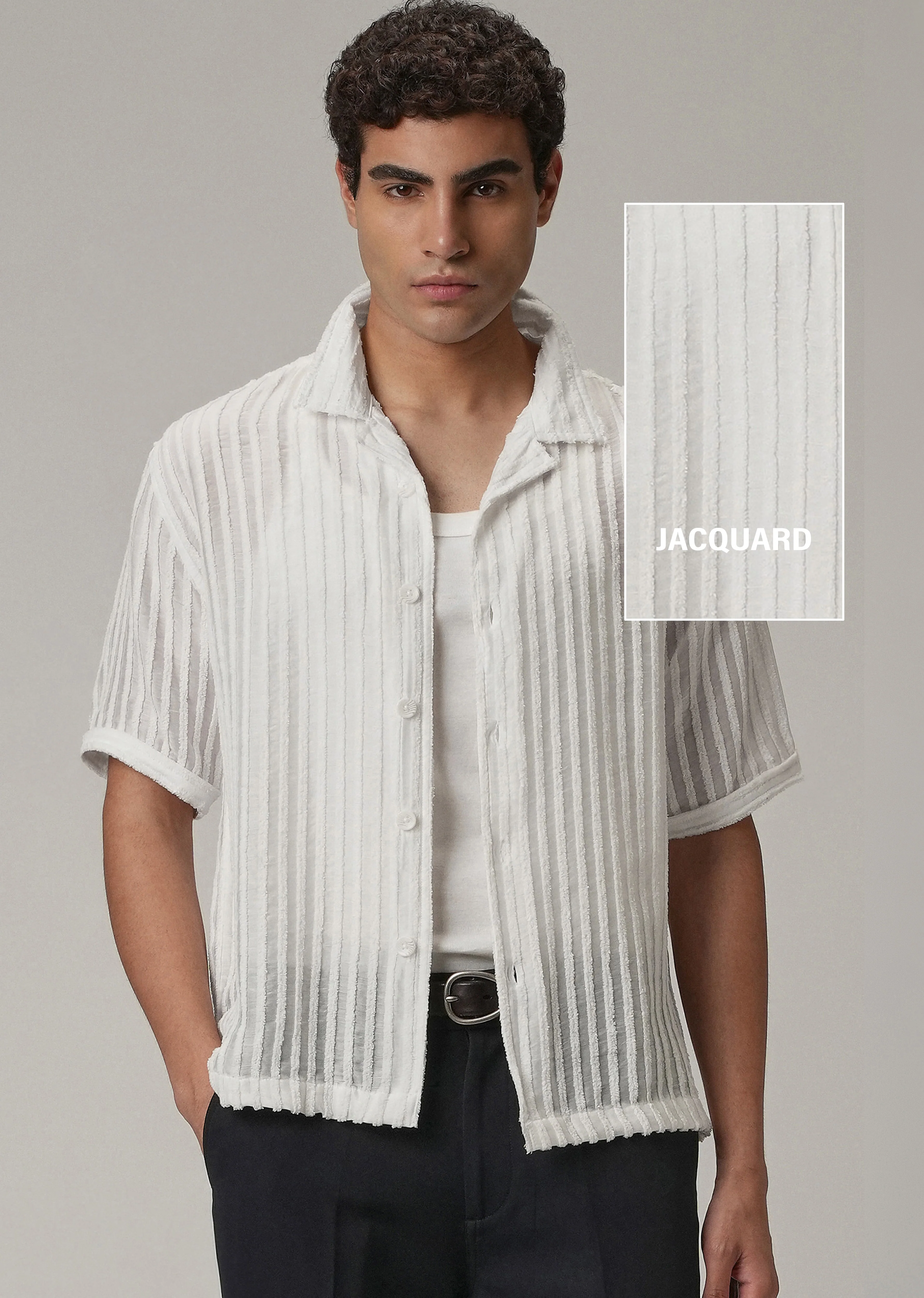 White Clip Jacquard Stripe Shirt - Image 7