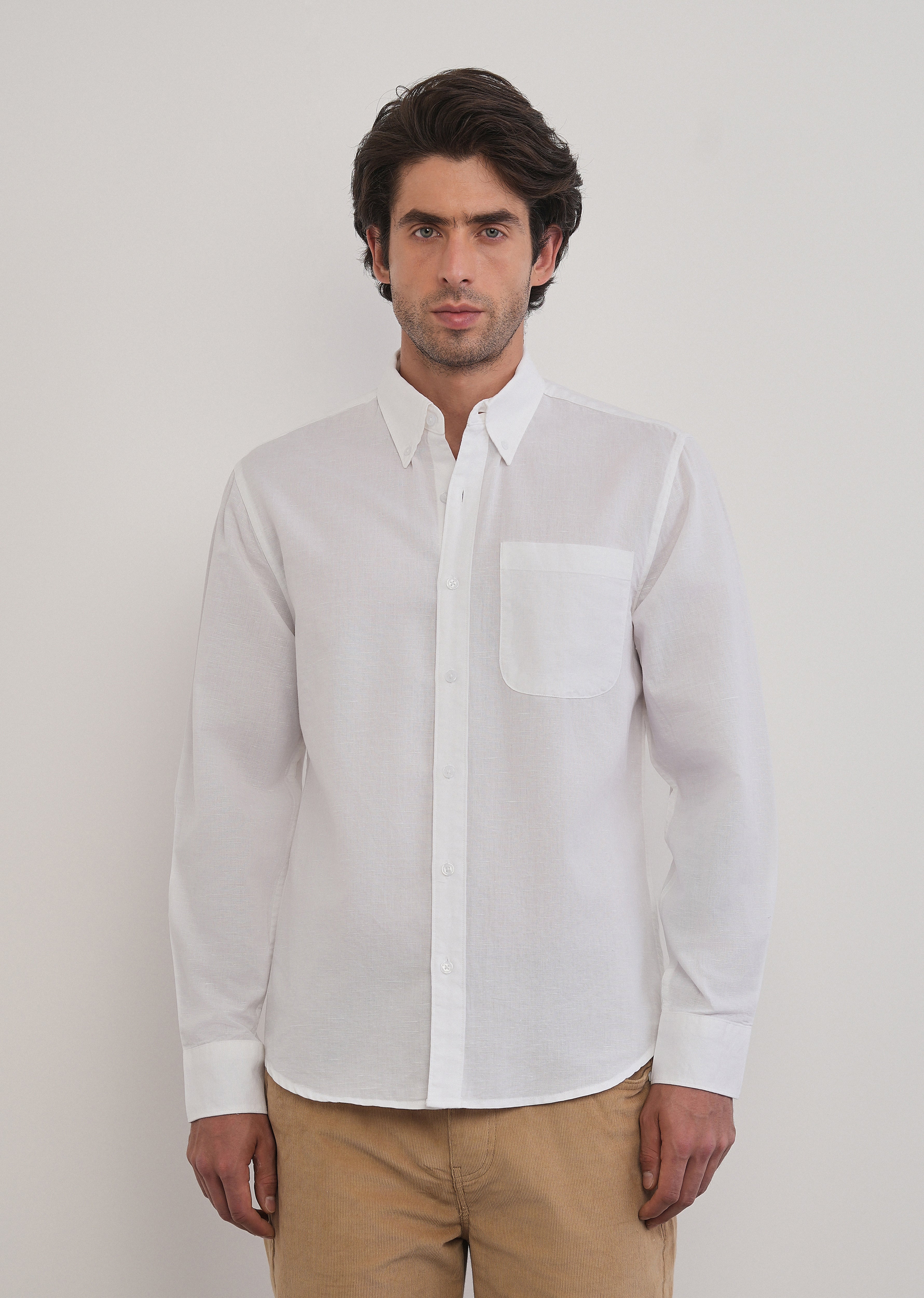 White Cotton Linen Plain Shirt - Image 3