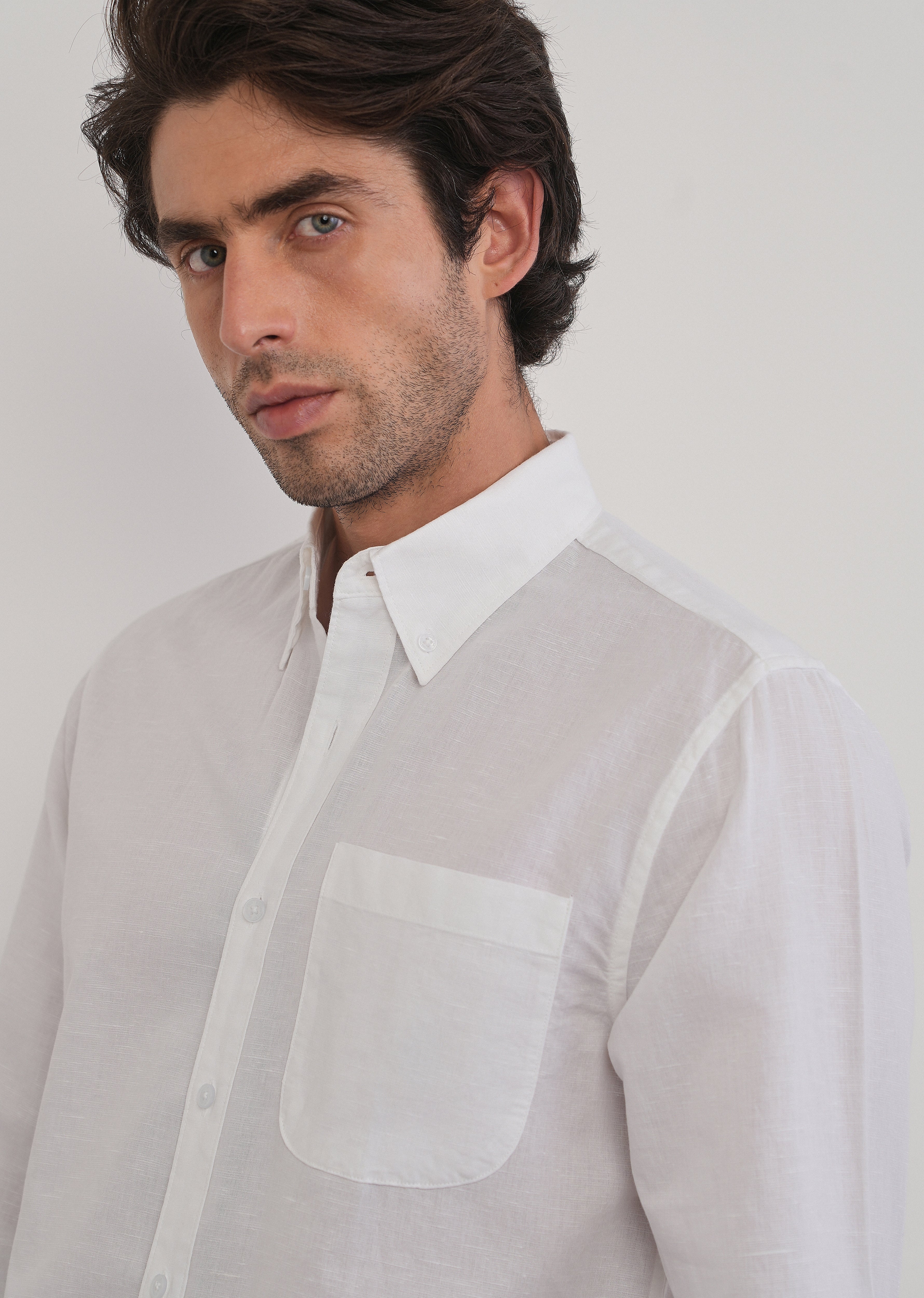 White Cotton Linen Plain Shirt - Image 5