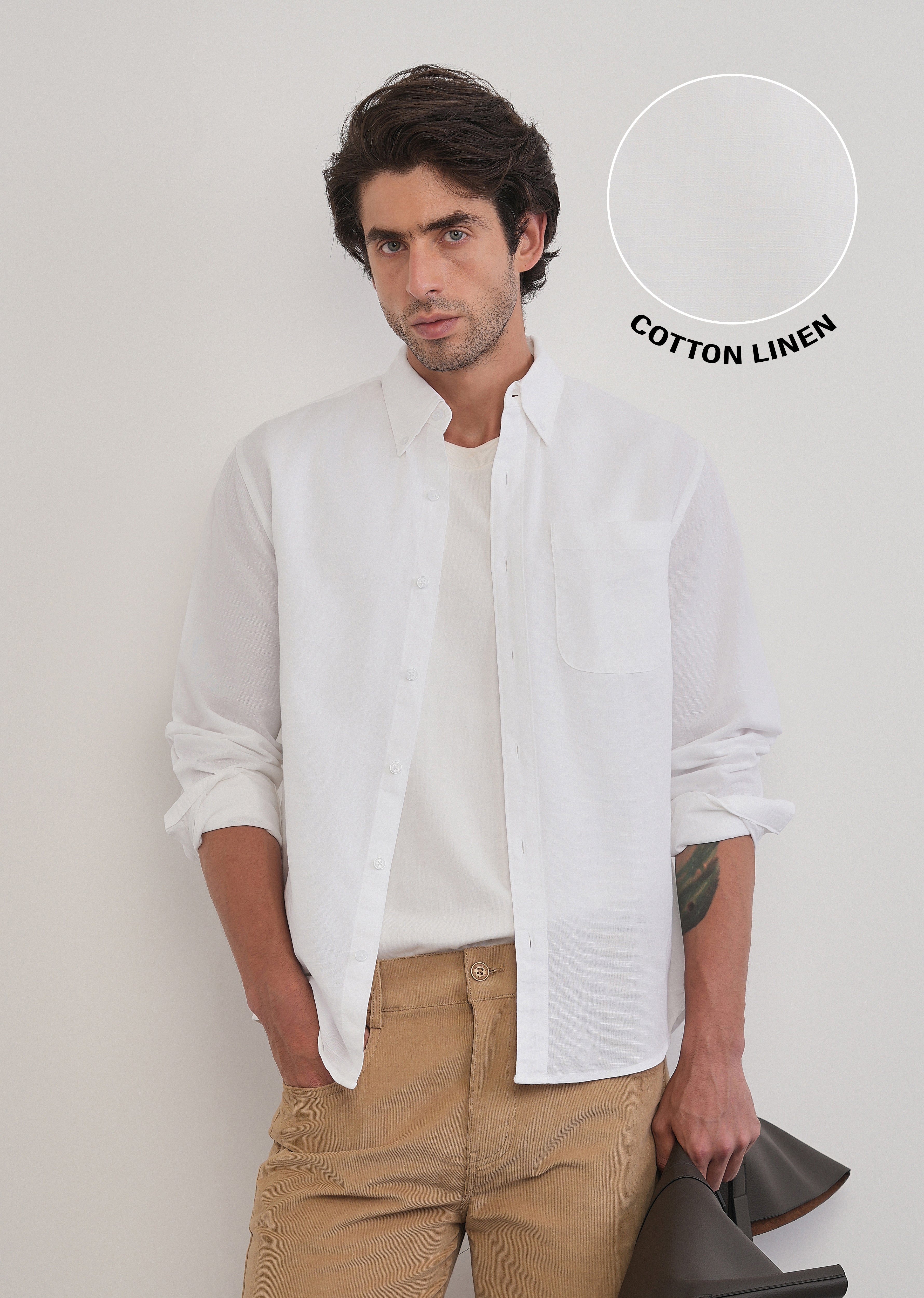 White Cotton Linen Plain Shirt - Image 7