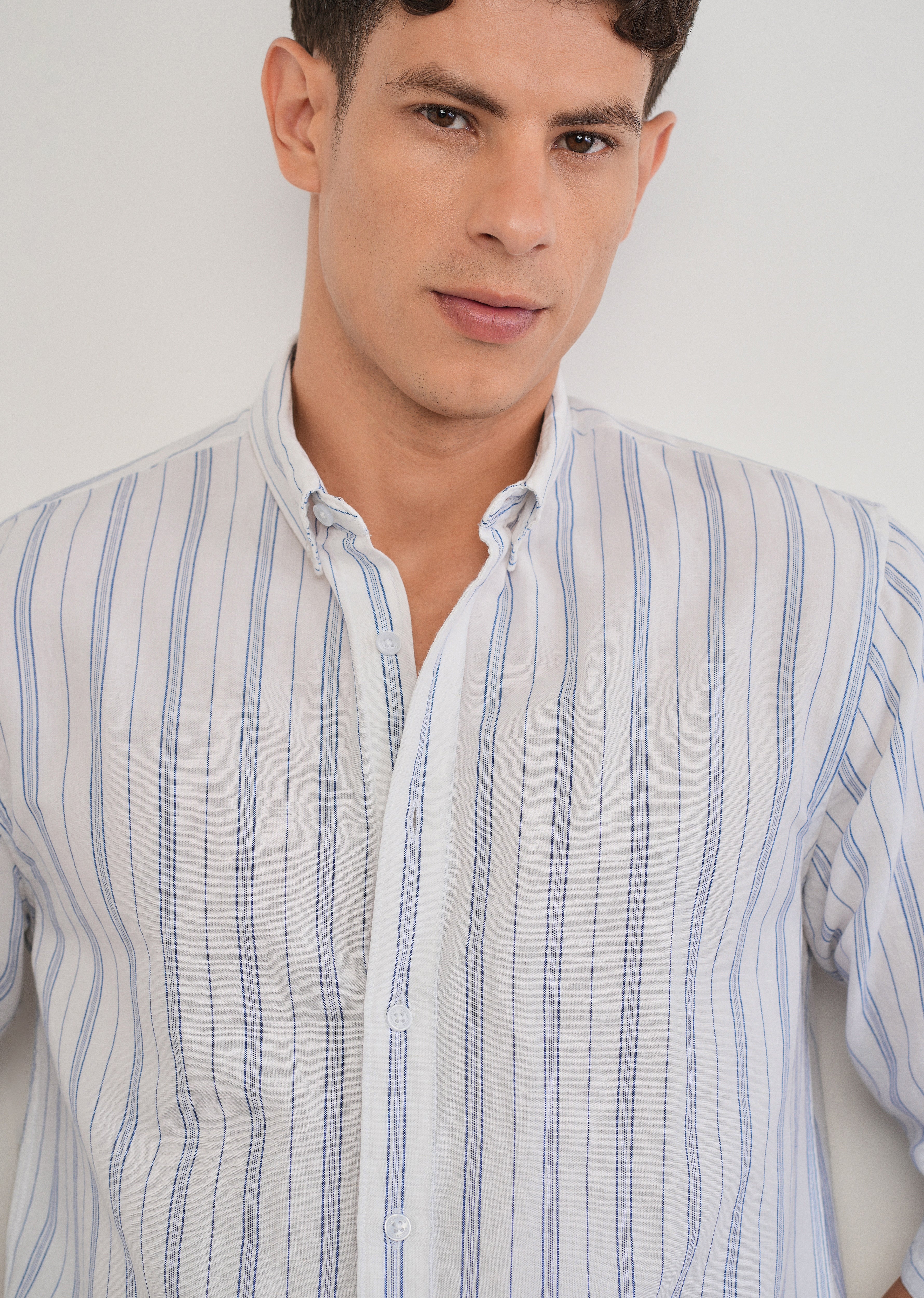 White Cotton Linen Stripe Shirt - Image 5