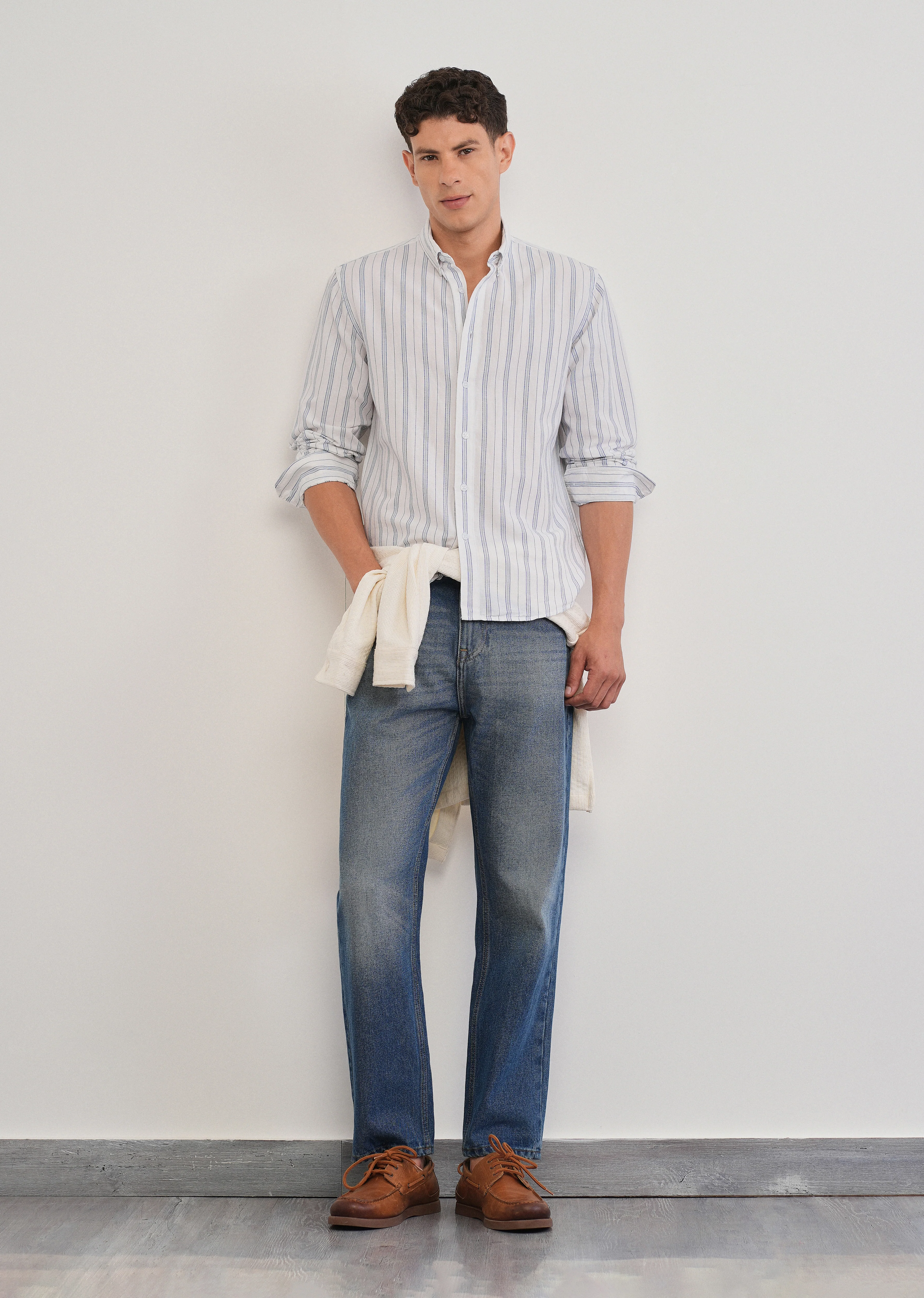 White Cotton Linen Stripe Shirt - Image 6