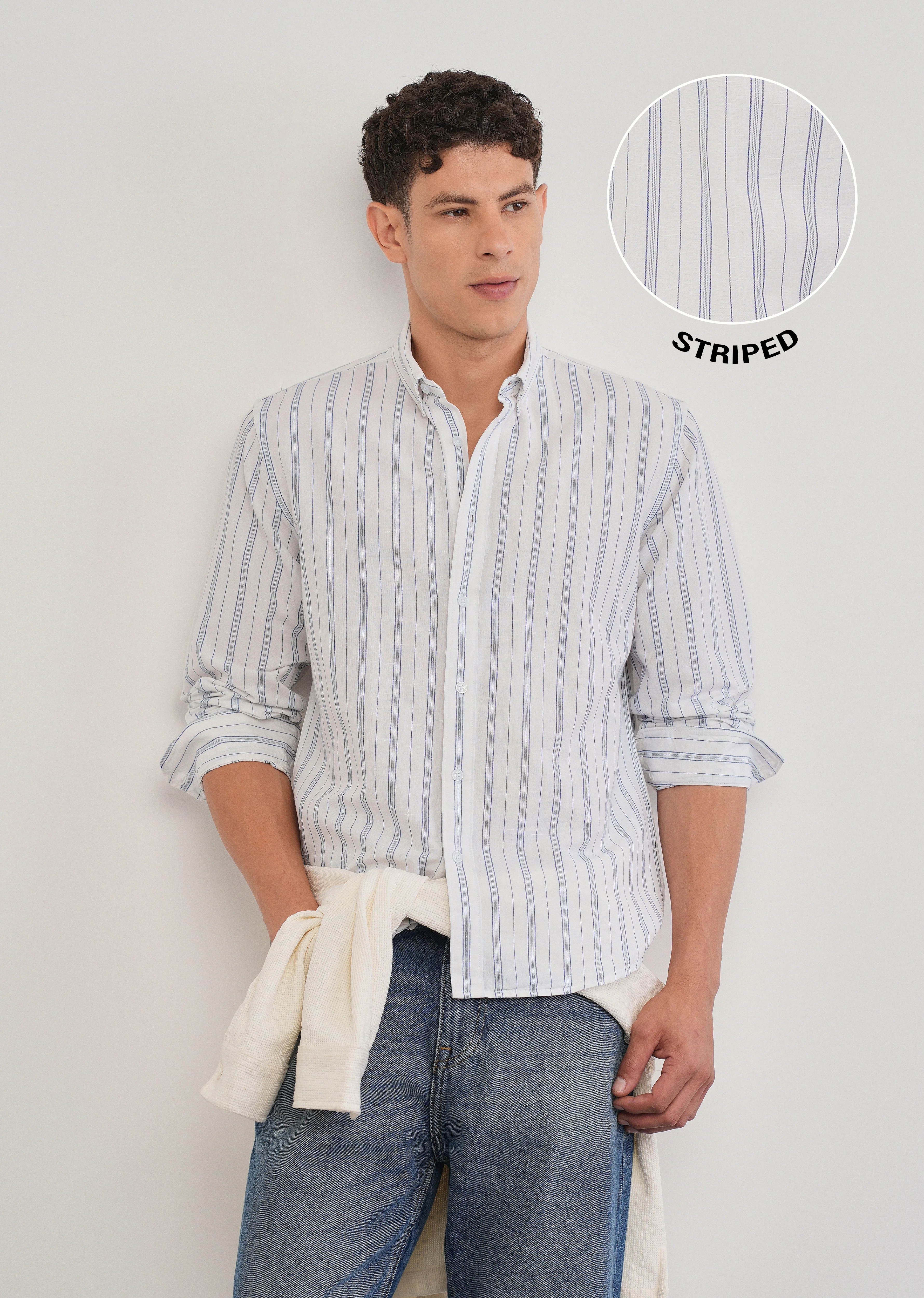 White Cotton Linen Stripe Shirt - Image 7
