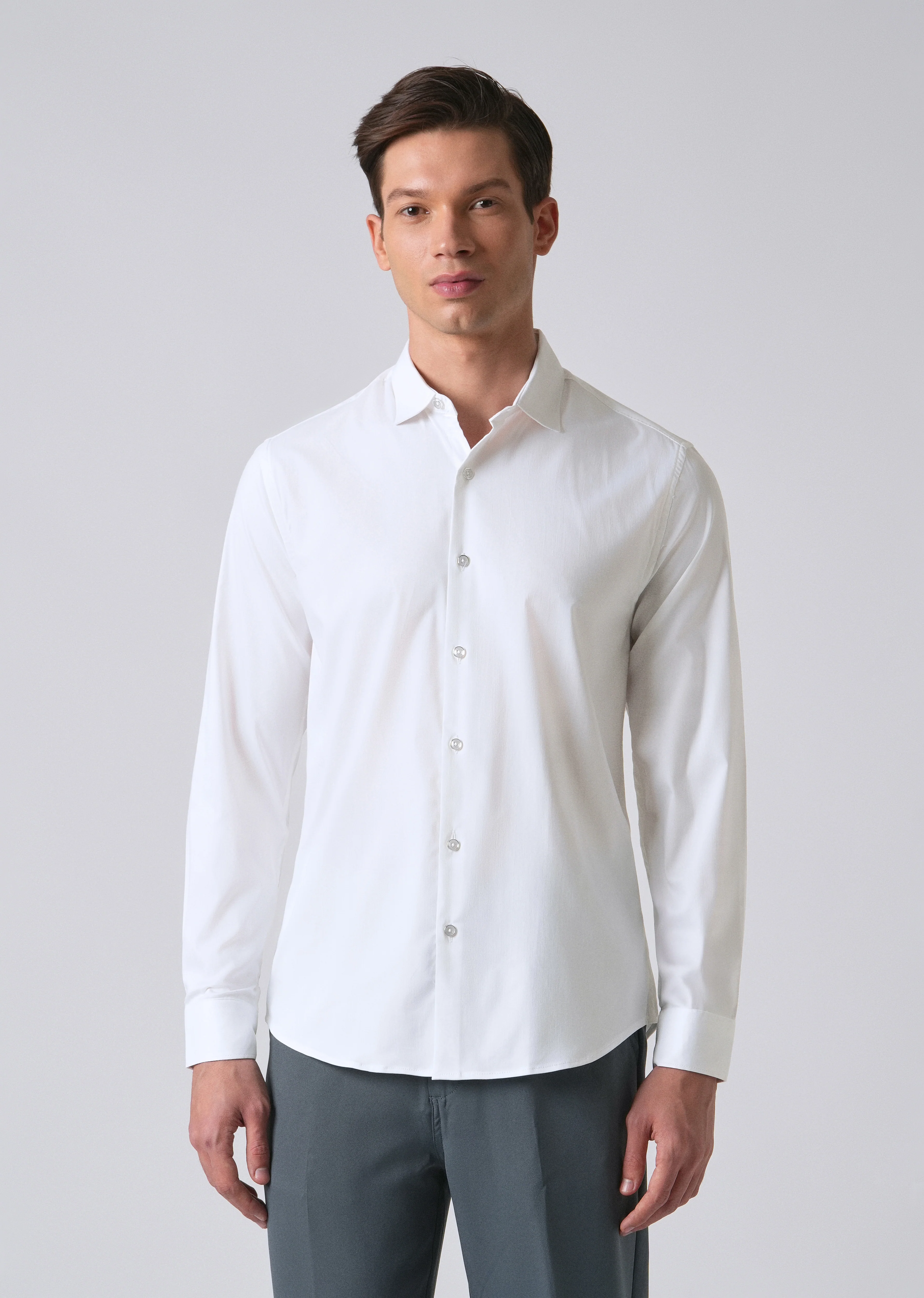 White Cotton Stretch Plain Shirt - Image 3