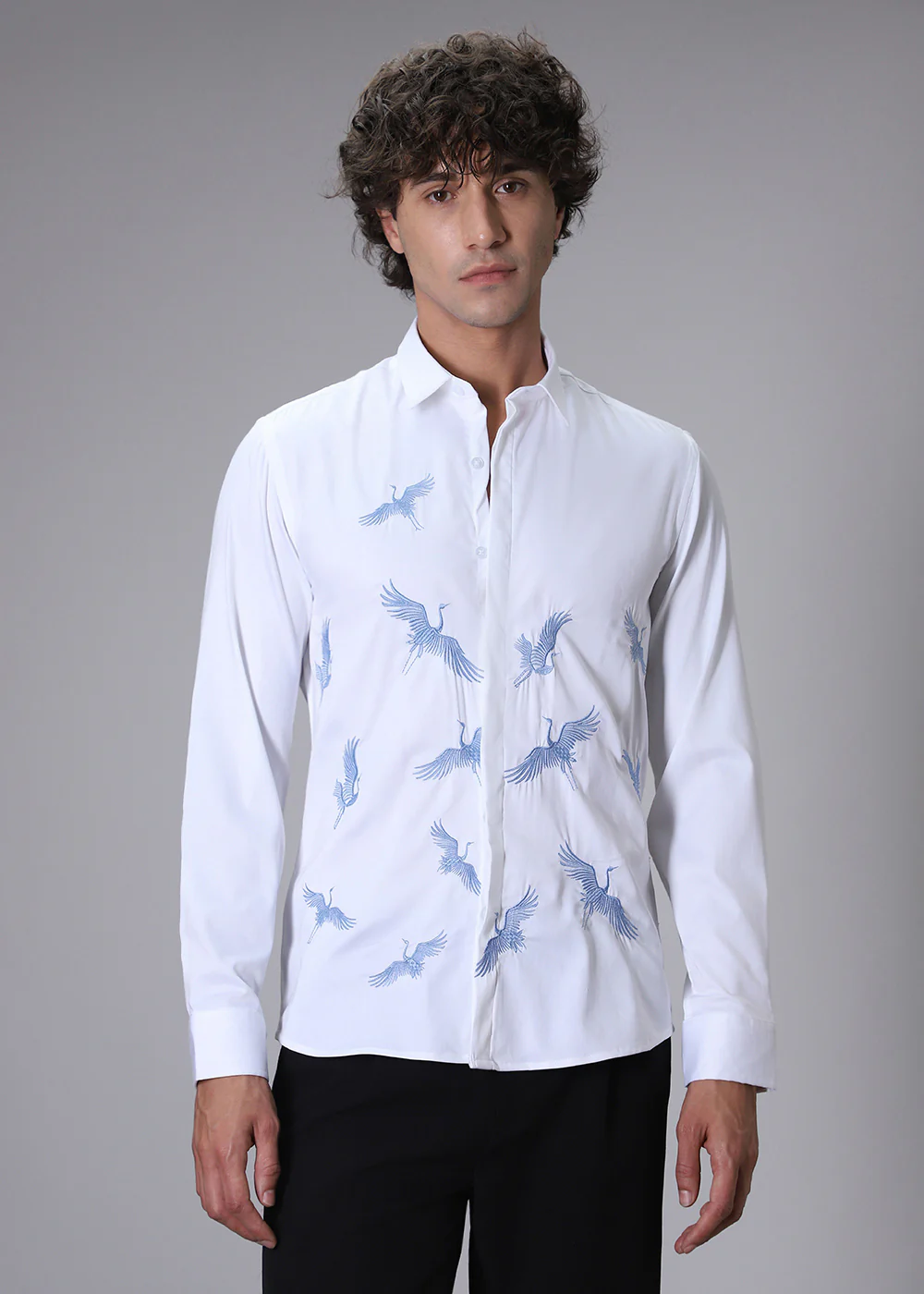 White Crane Embroidery Designer Shirt - Image 3