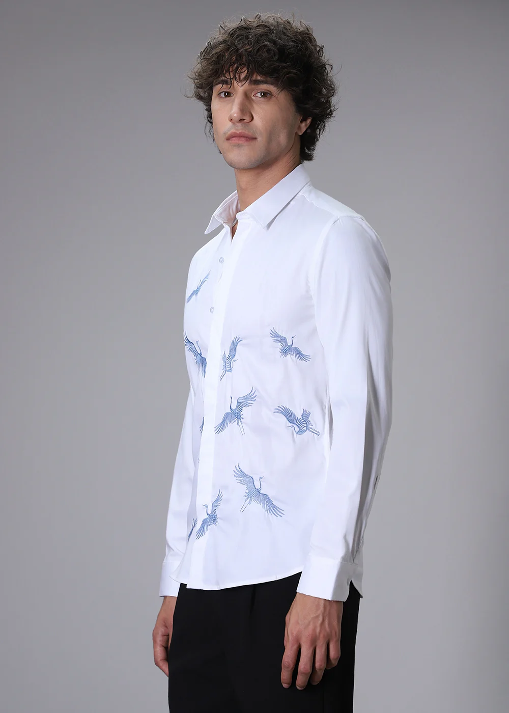 White Crane Embroidery Designer Shirt - Image 5