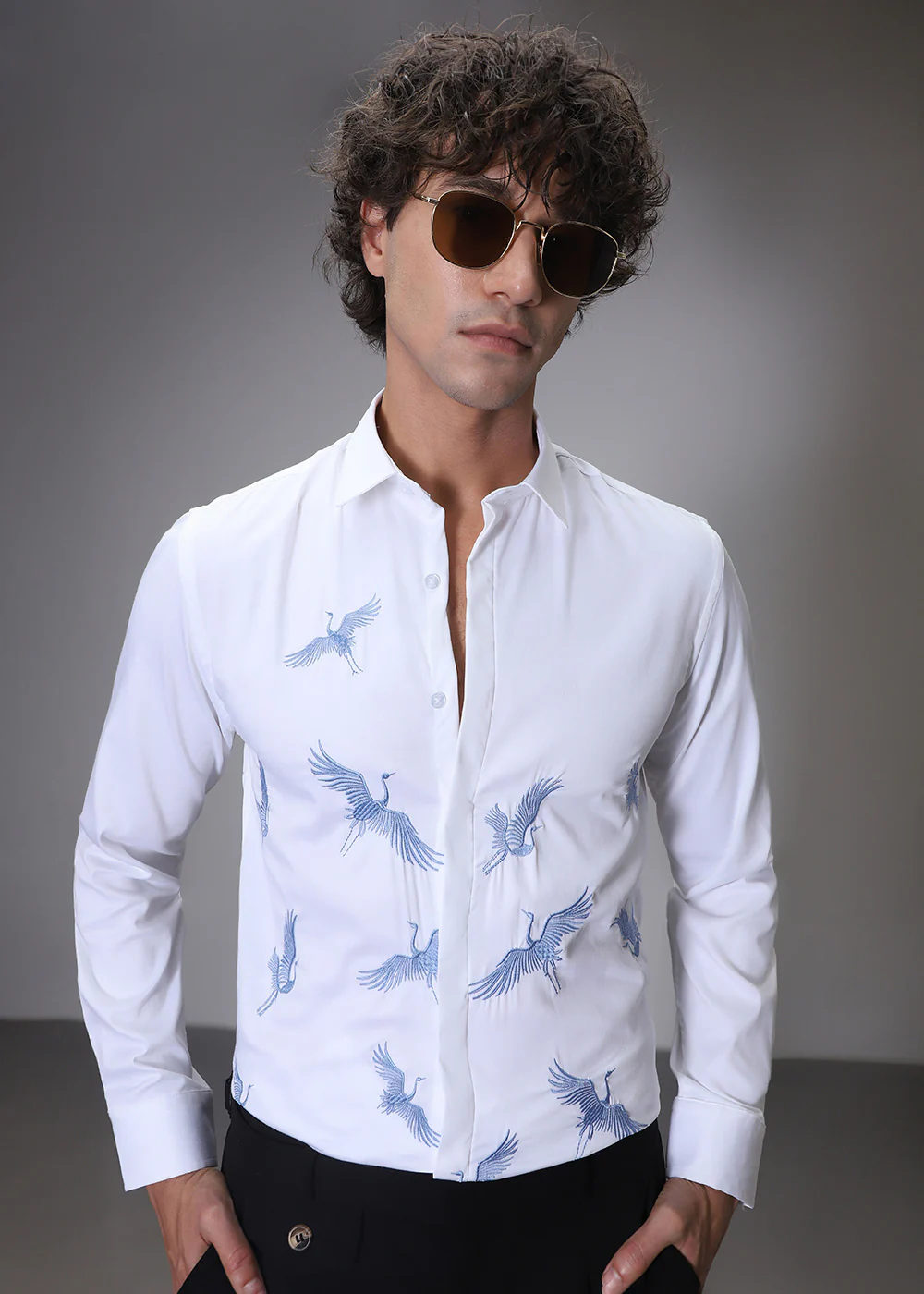 White Crane Embroidery Designer Shirt - Image 6