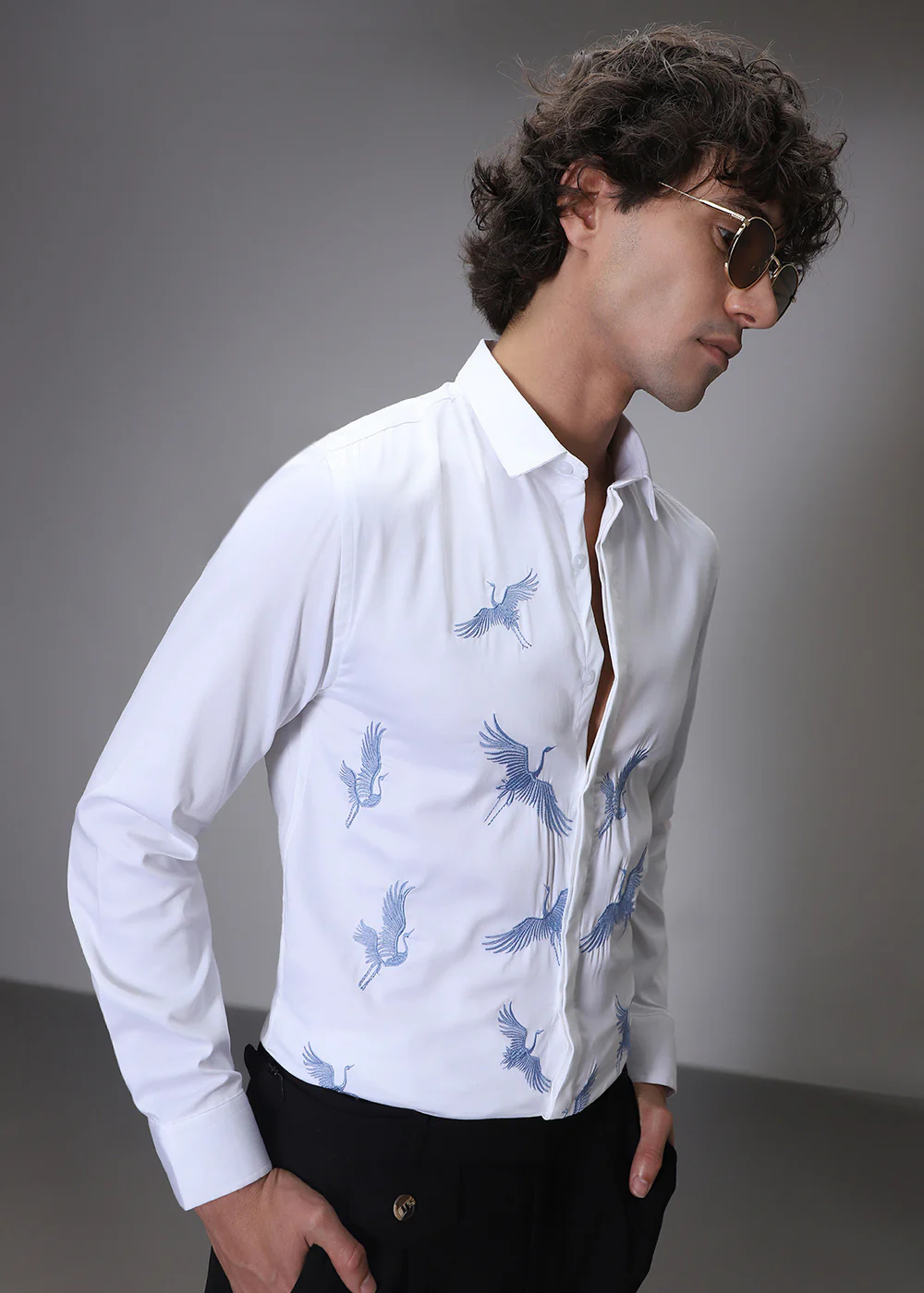 White Crane Embroidery Designer Shirt - Image 7