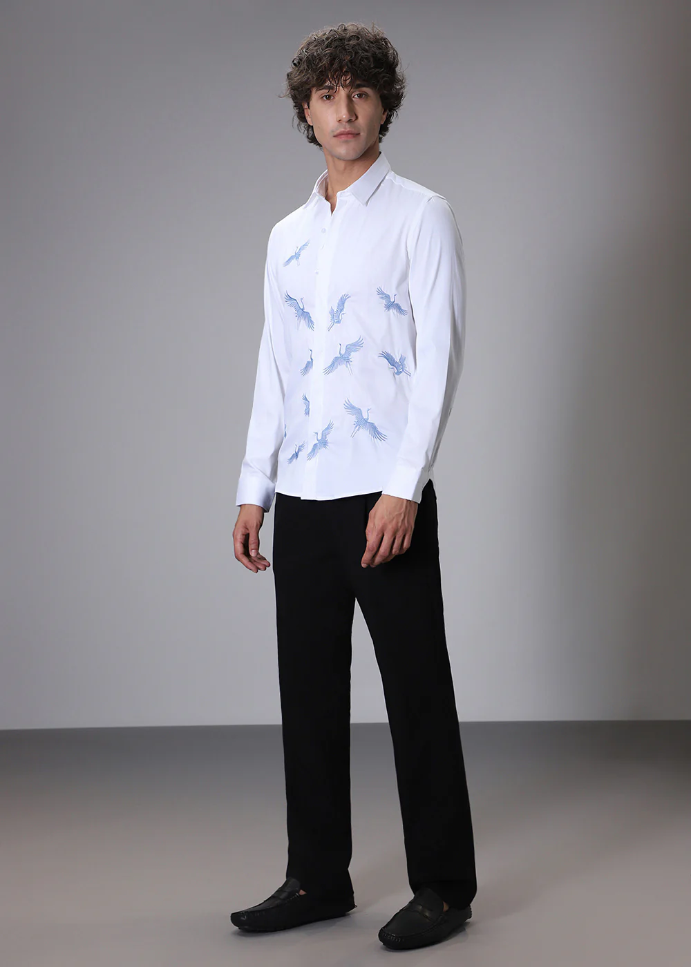 White Crane Embroidery Designer Shirt - Image 8