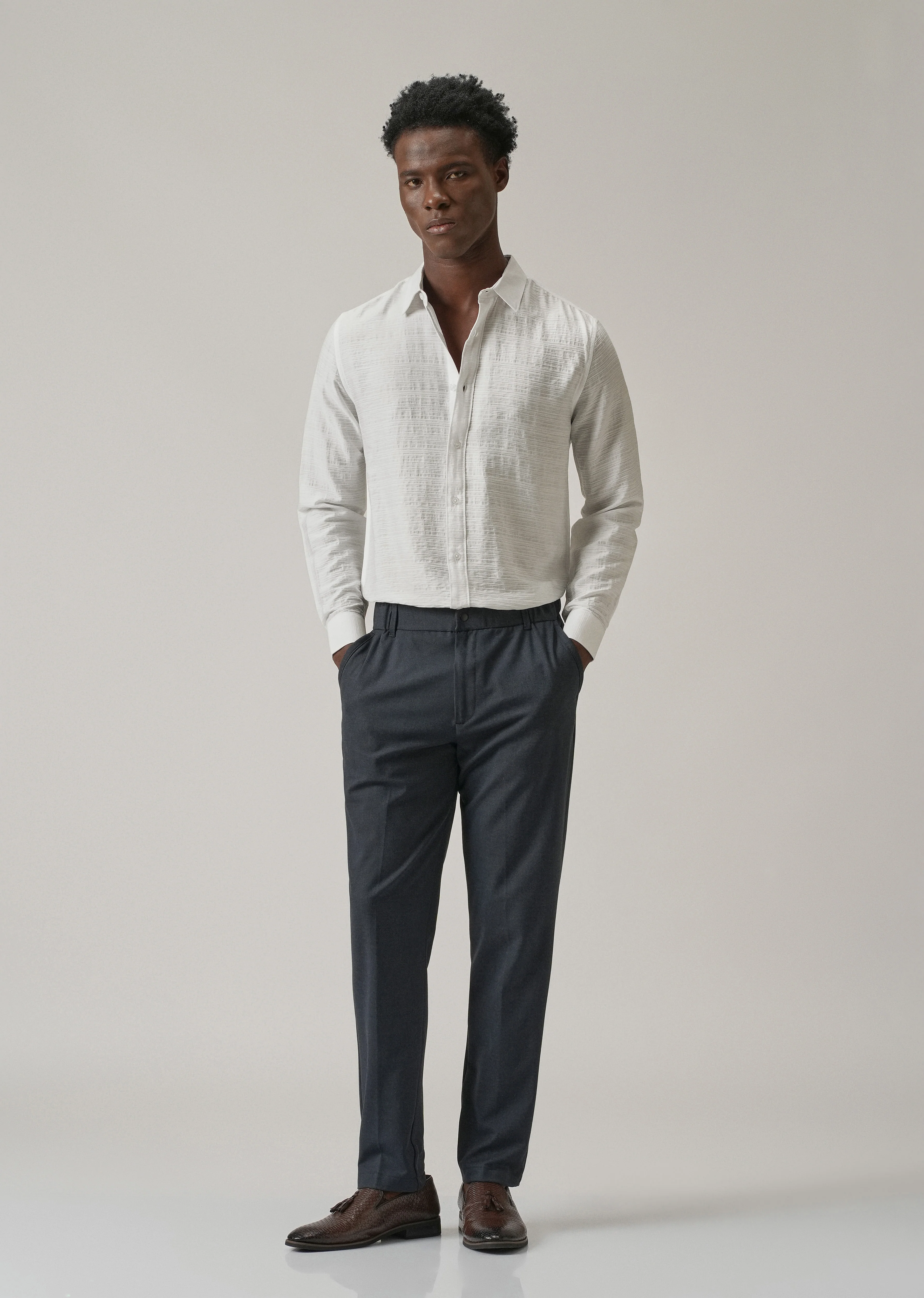 White Crushed Self Stripe Shirt - Image 6
