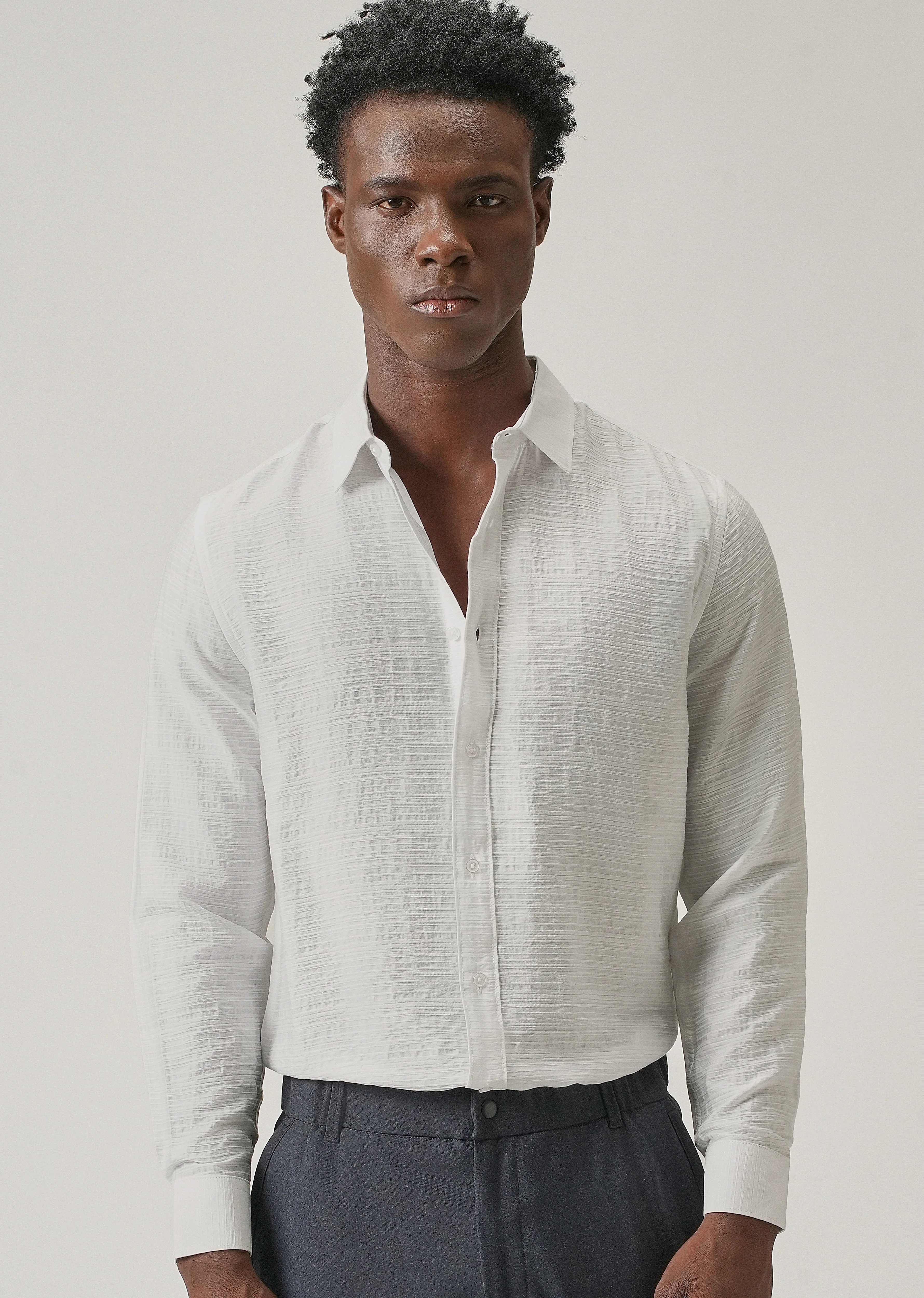 White Crushed Self Stripe Shirt - Image 7
