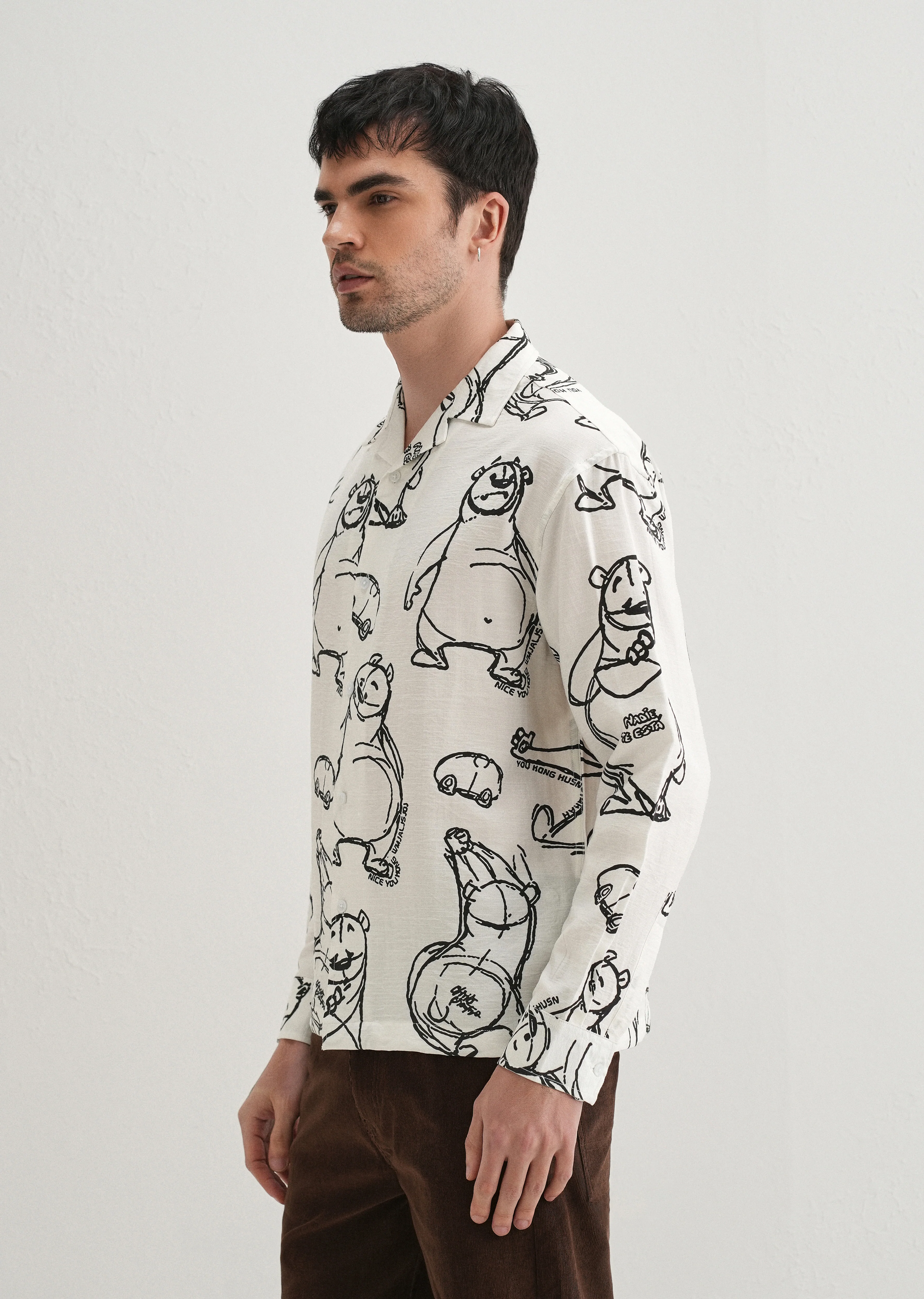 White Doodle Bear Printed Shirt - Image 4