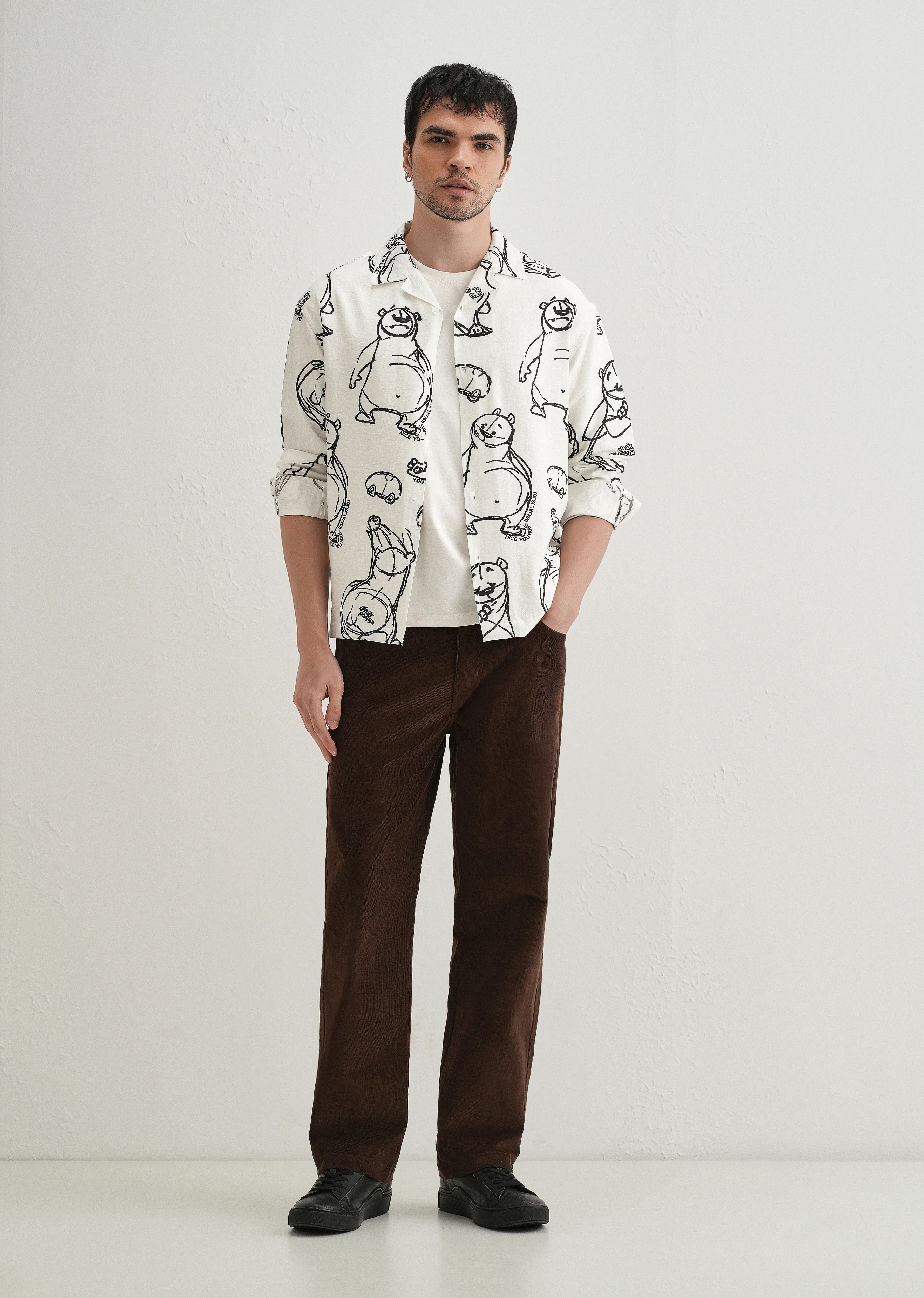 White Doodle Bear Printed Shirt - Image 6