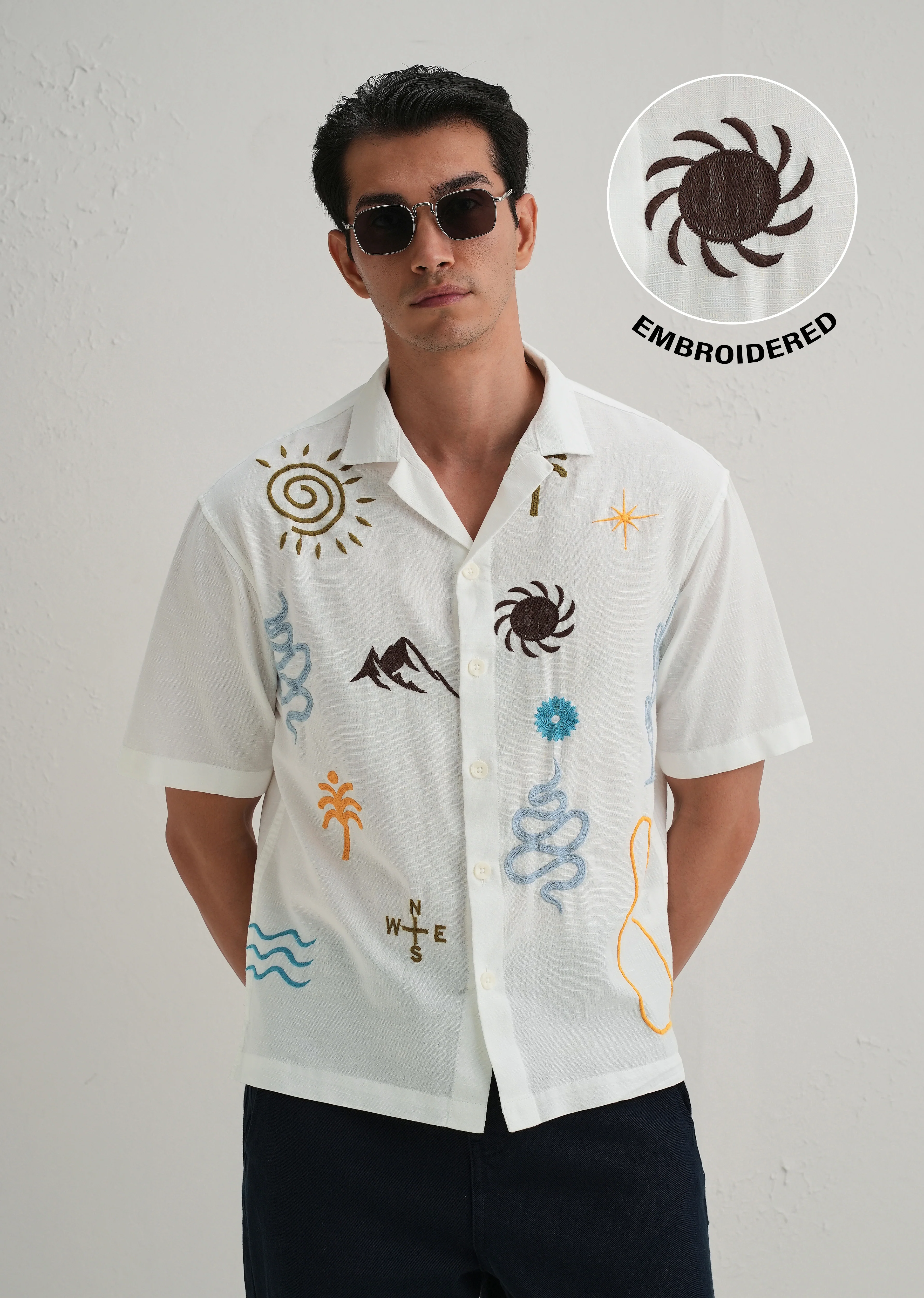 White Doodle Embroidery Cotton Linen Shirt - Image 2