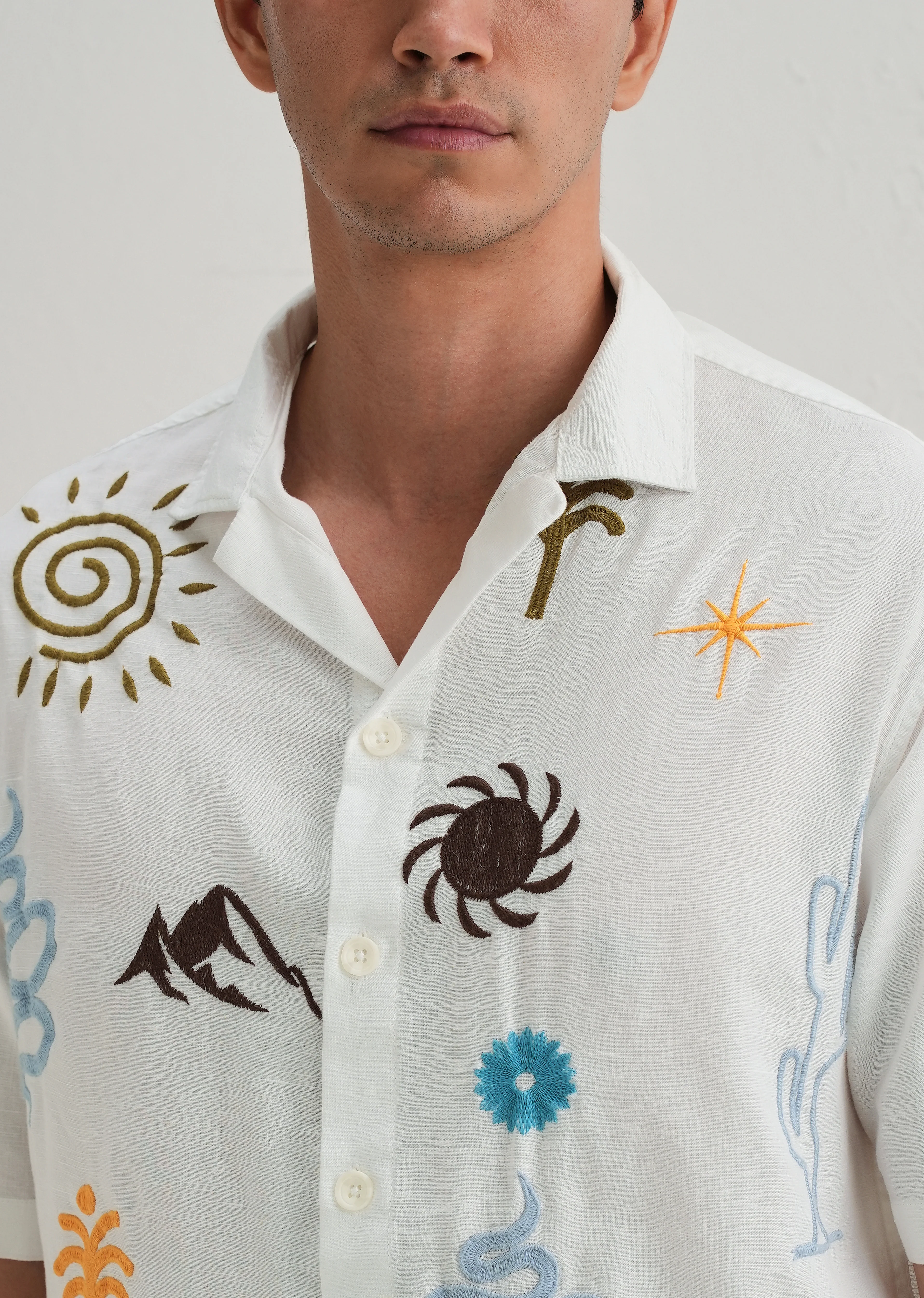 White Doodle Embroidery Cotton Linen Shirt - Image 6