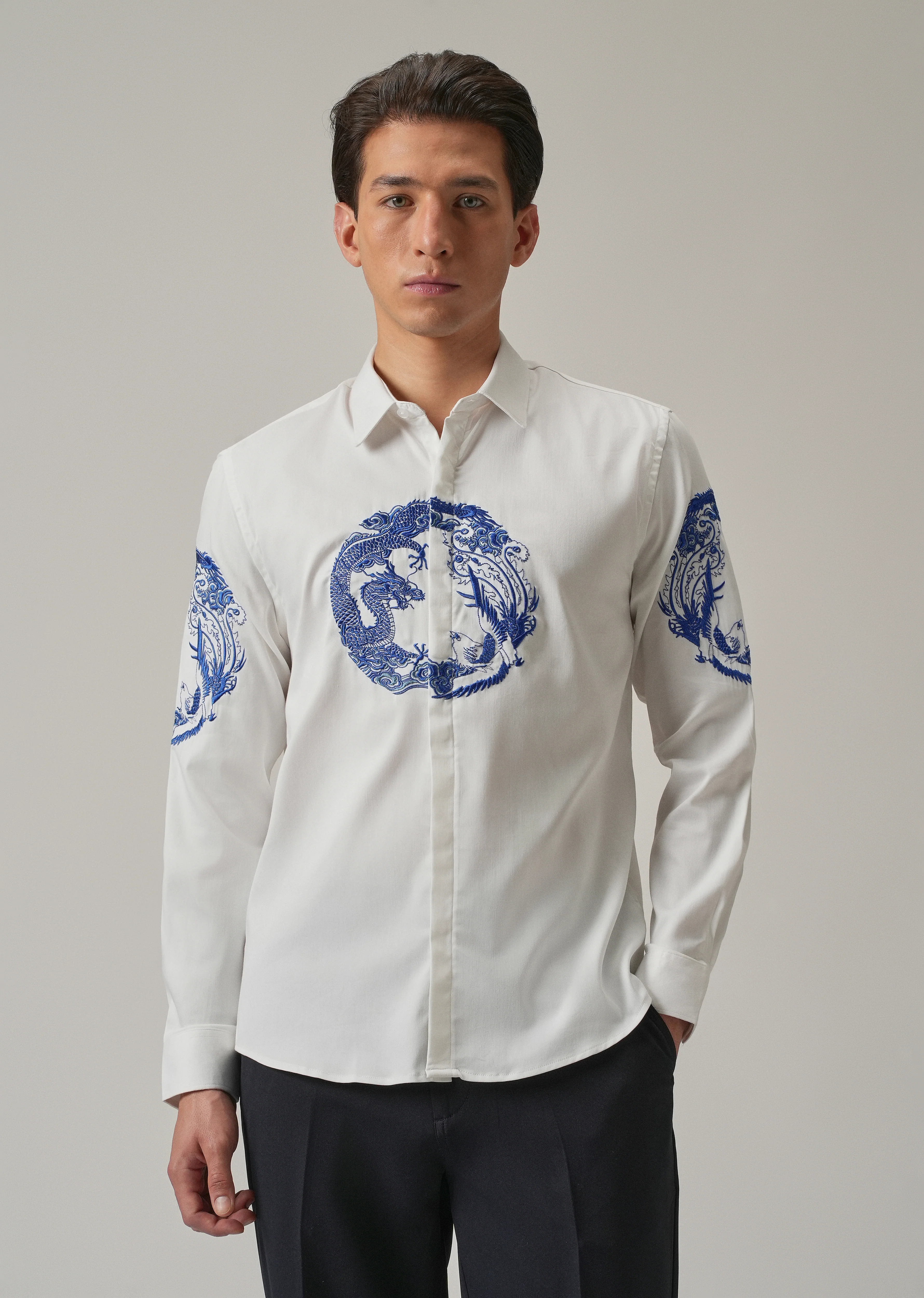 White Dragon and Phoenix Embroidery Designer Shirt - Image 3