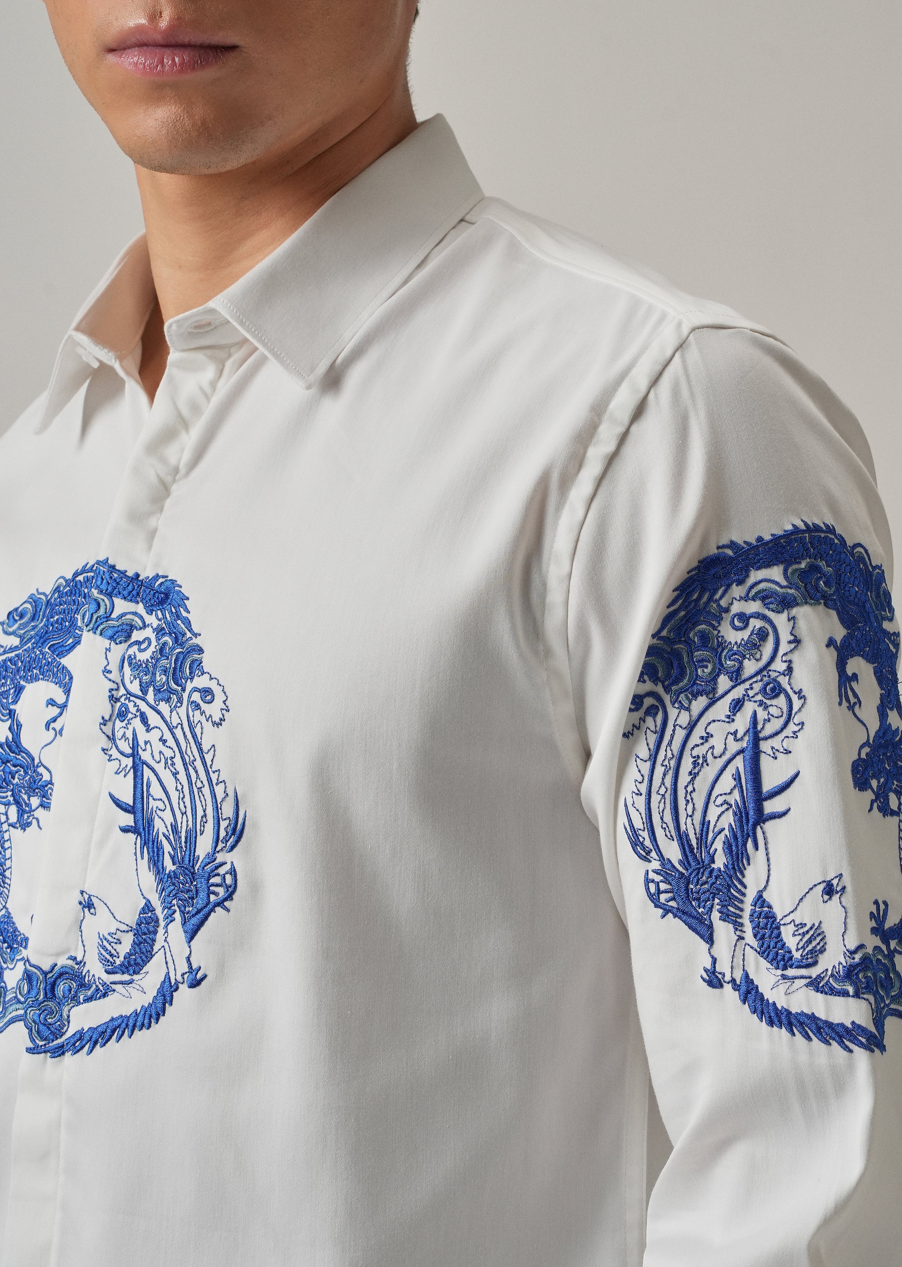 White Dragon and Phoenix Embroidery Designer Shirt - Image 5