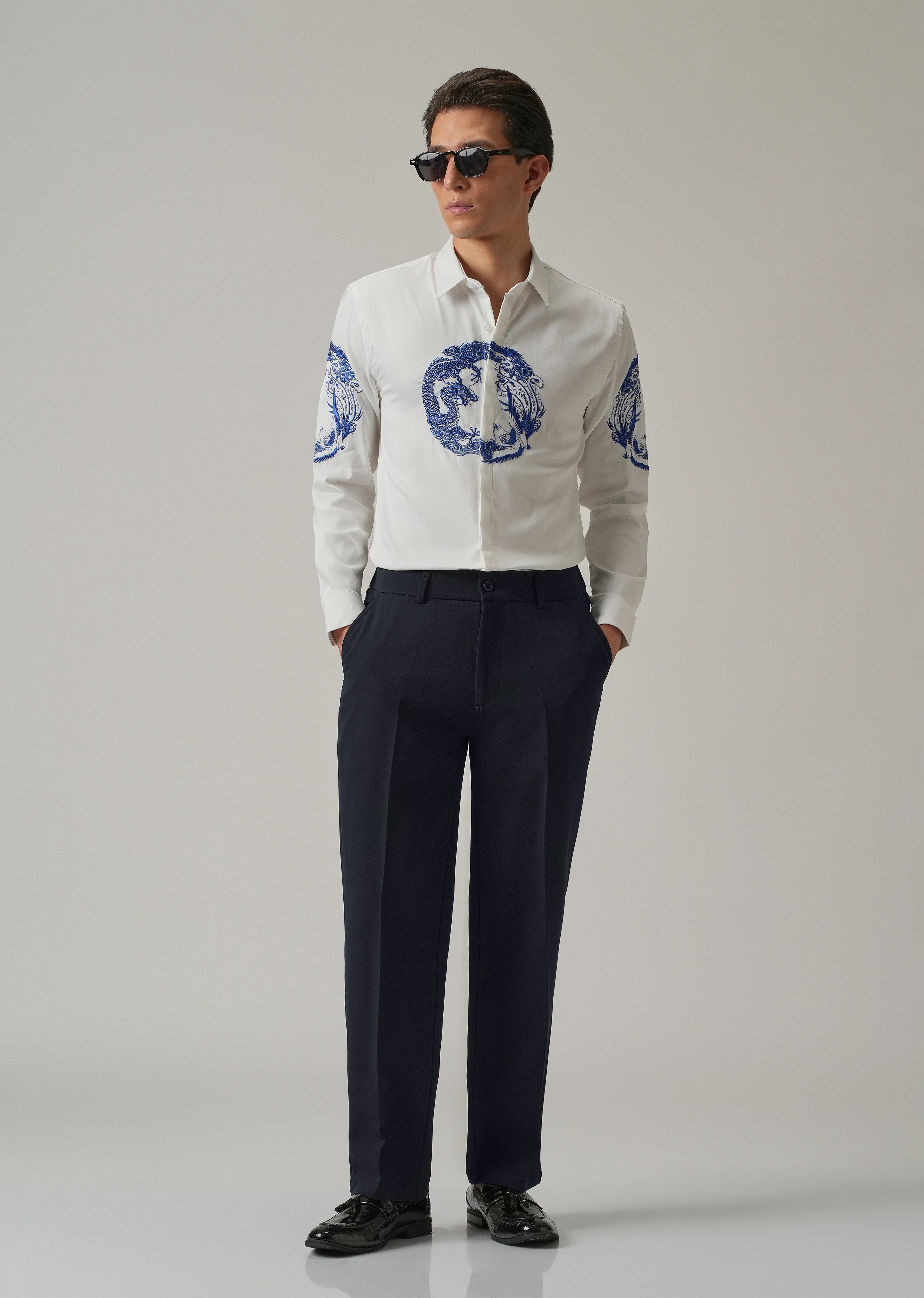 White Dragon and Phoenix Embroidery Designer Shirt - Image 6