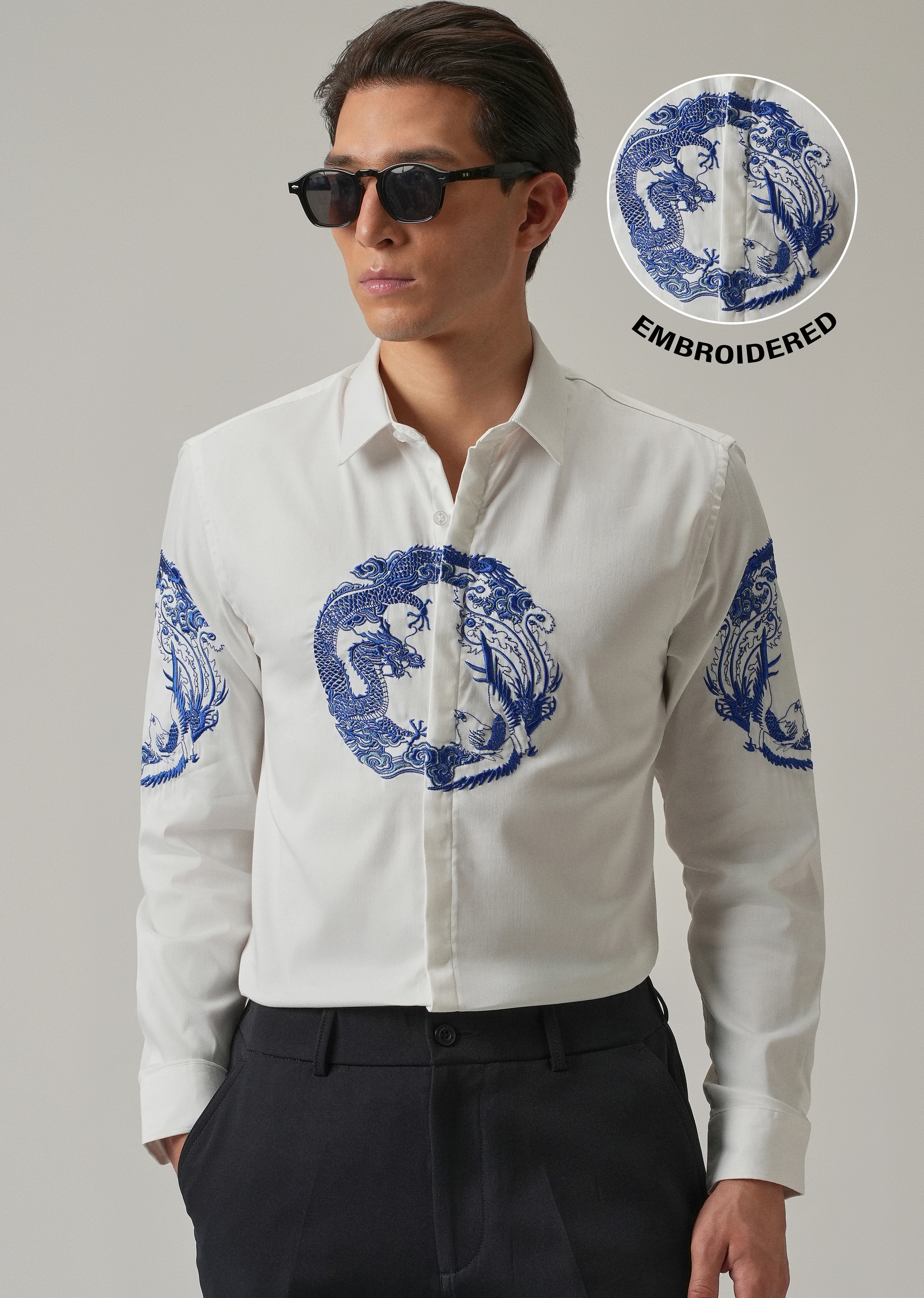 White Dragon and Phoenix Embroidery Designer Shirt - Image 7
