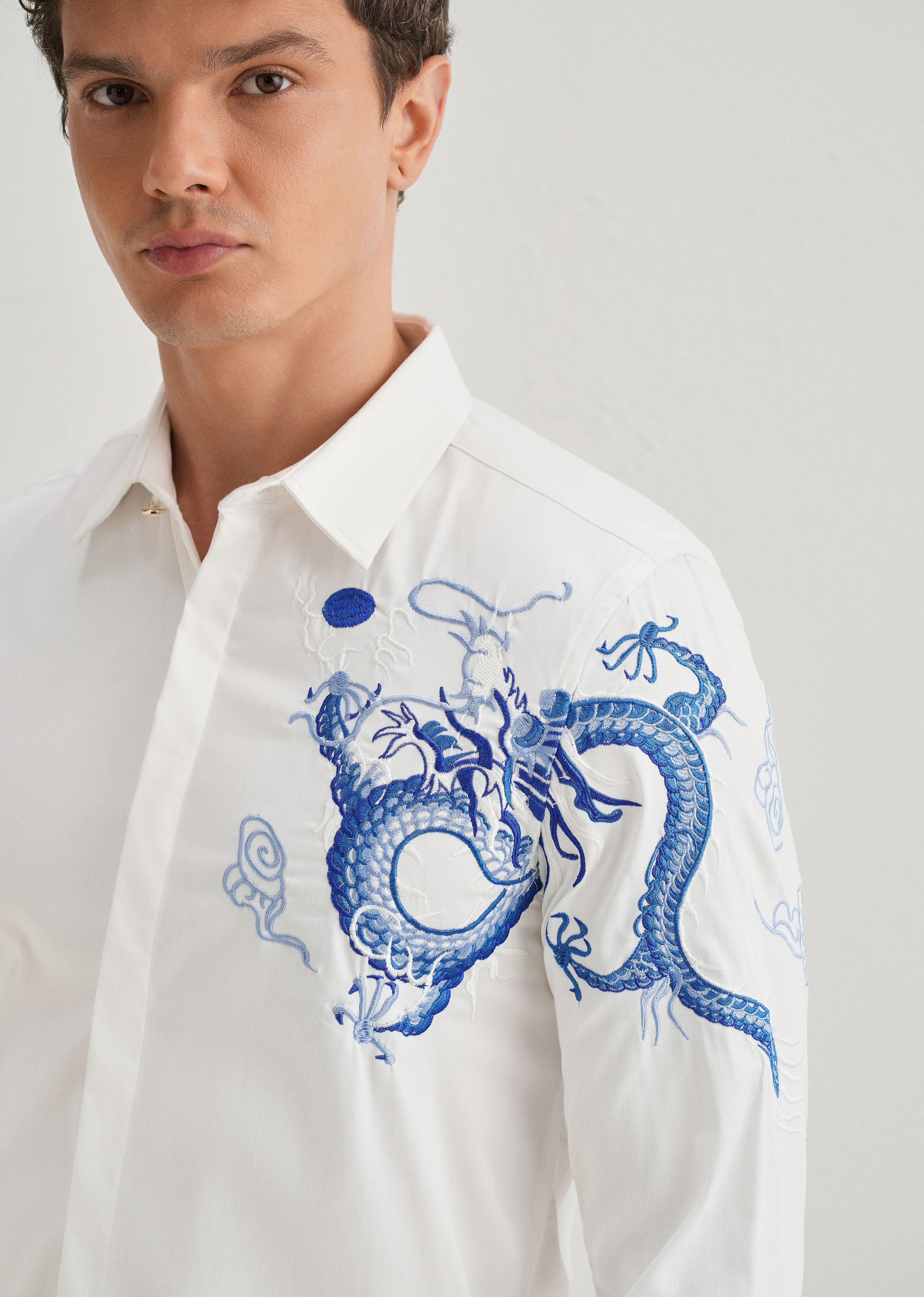 White Dragon Embroidery Designer Shirt - Image 2