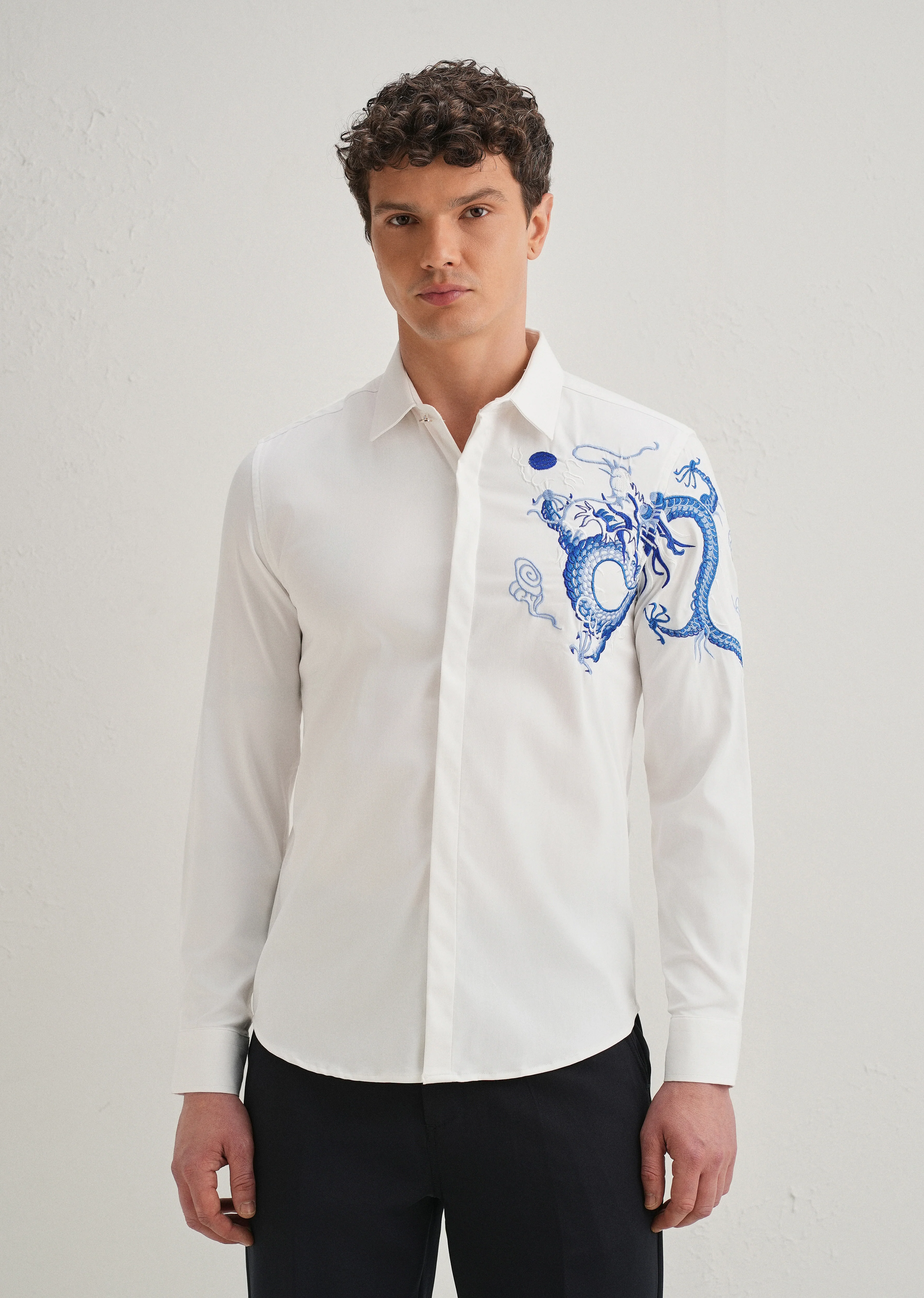 White Dragon Embroidery Designer Shirt - Image 4