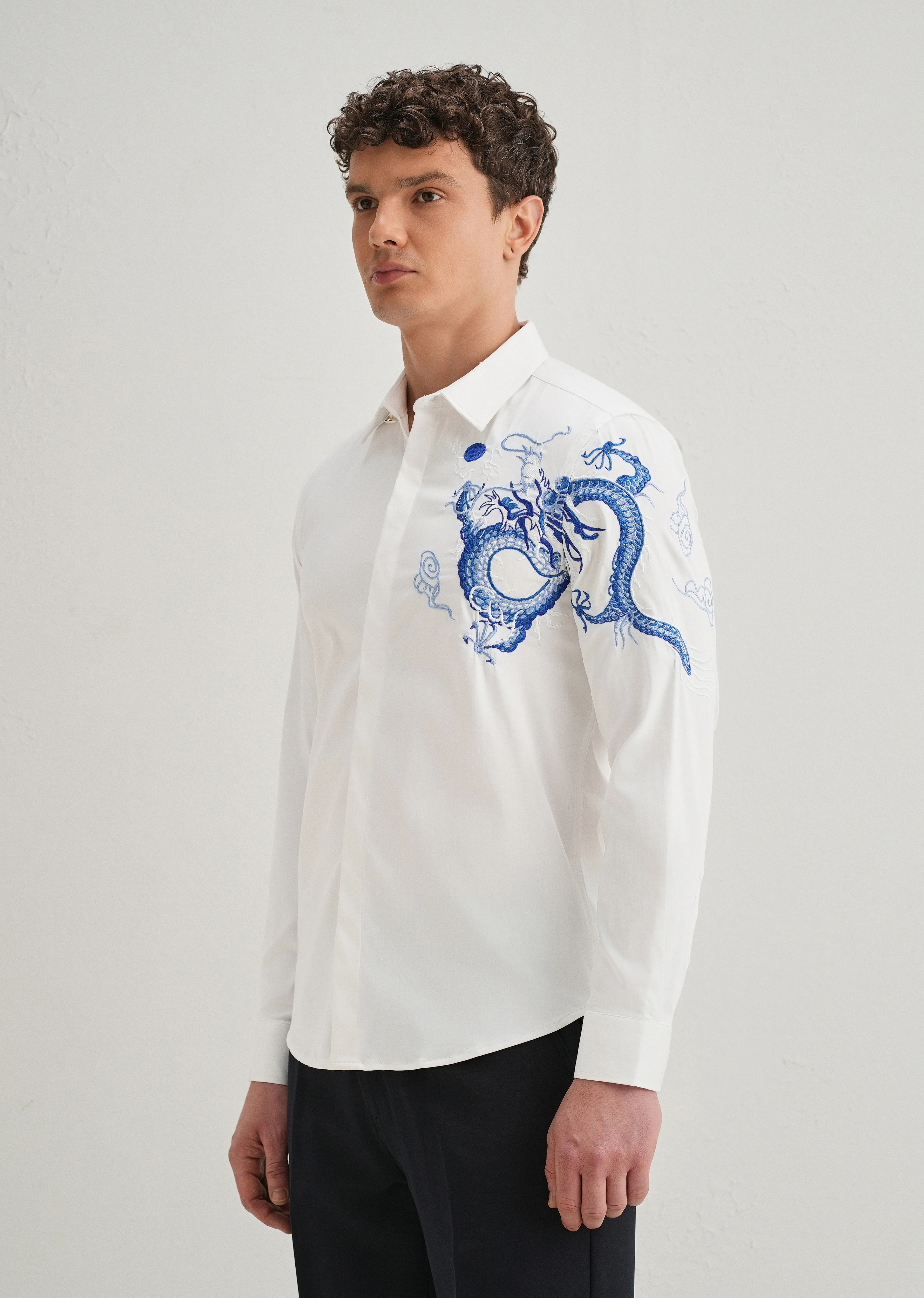 White Dragon Embroidery Designer Shirt - Image 5