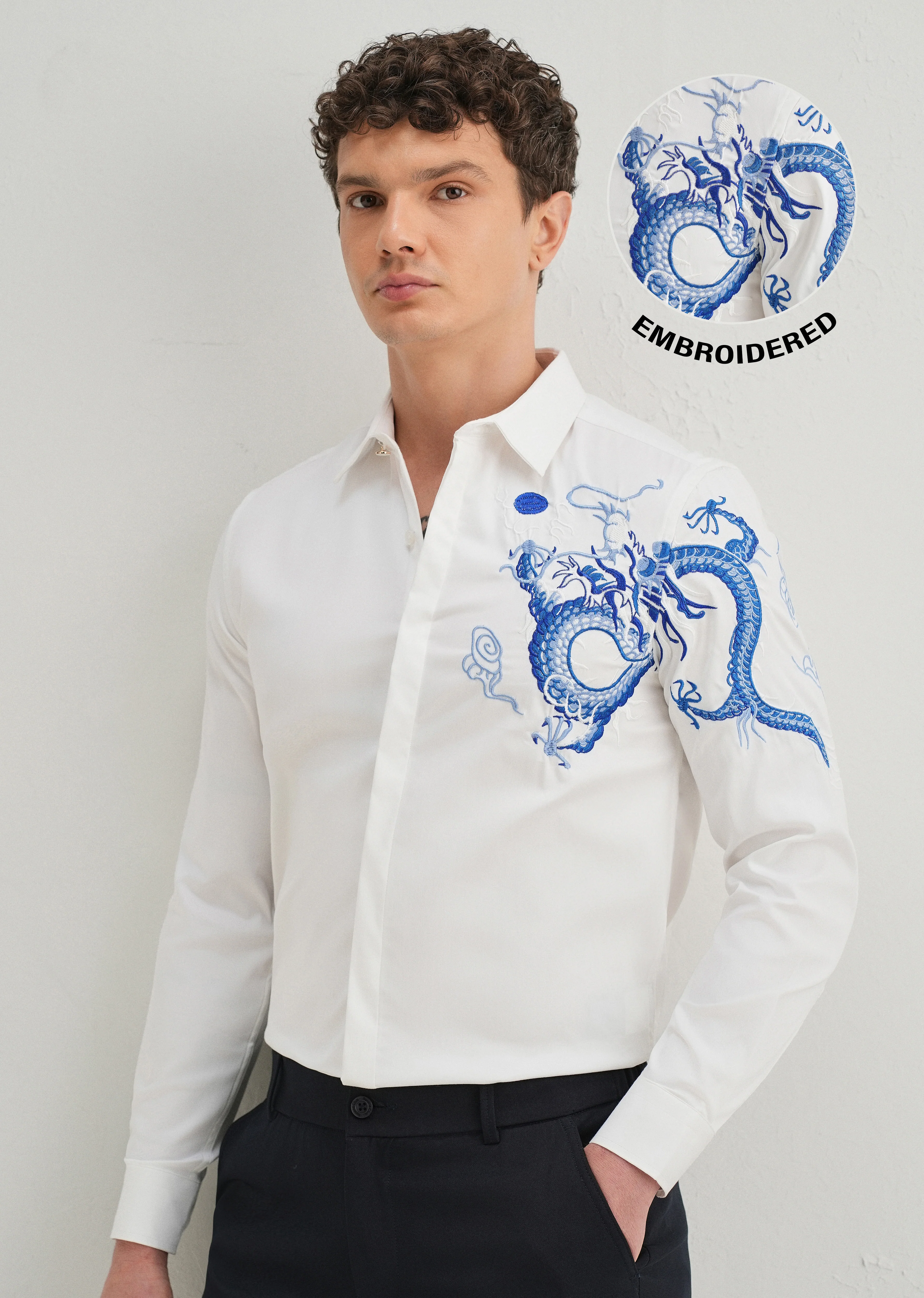 White Dragon Embroidery Designer Shirt - Image 7
