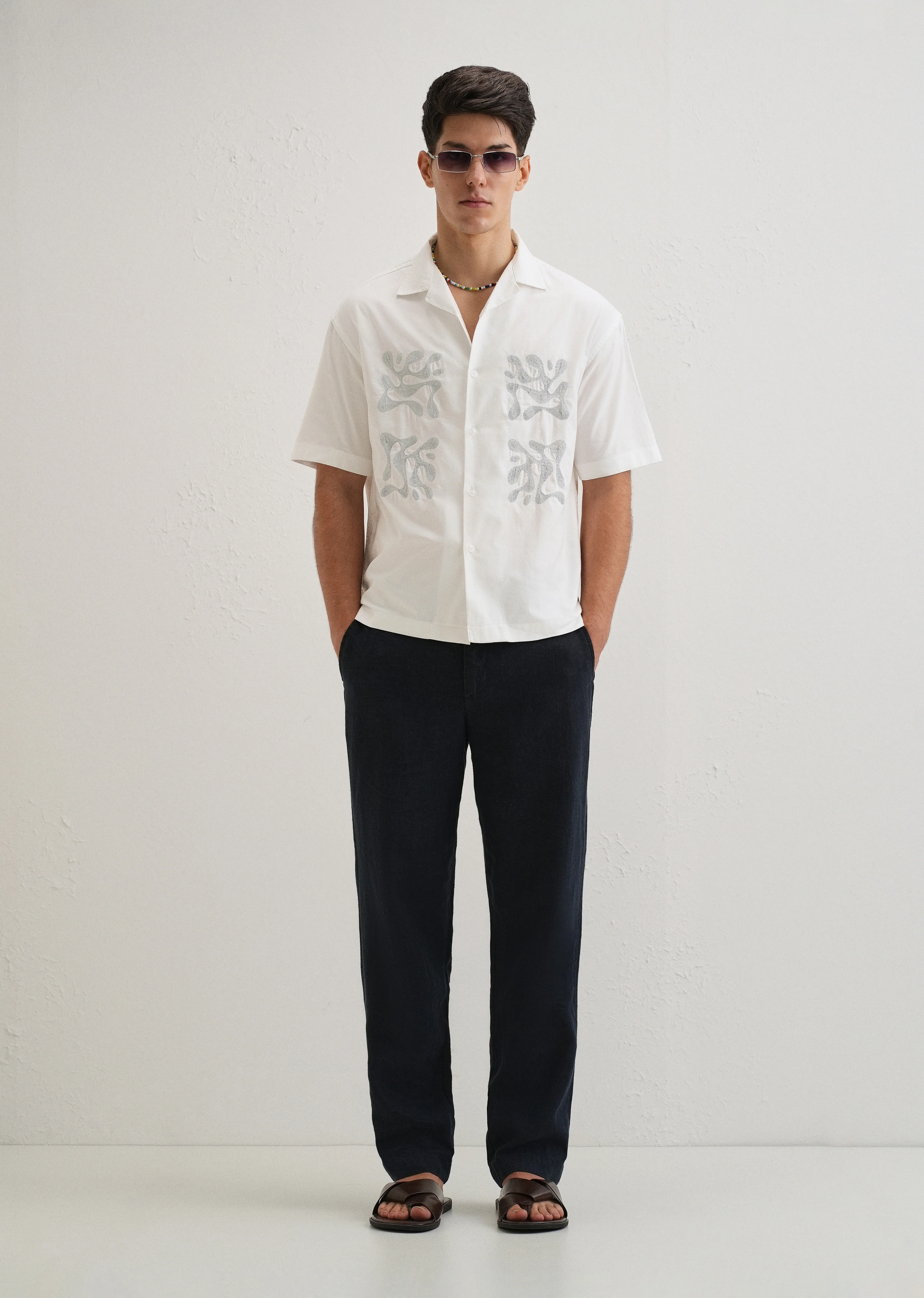 White Embroidery Cuban Collar Cotton Shirt - Image 6