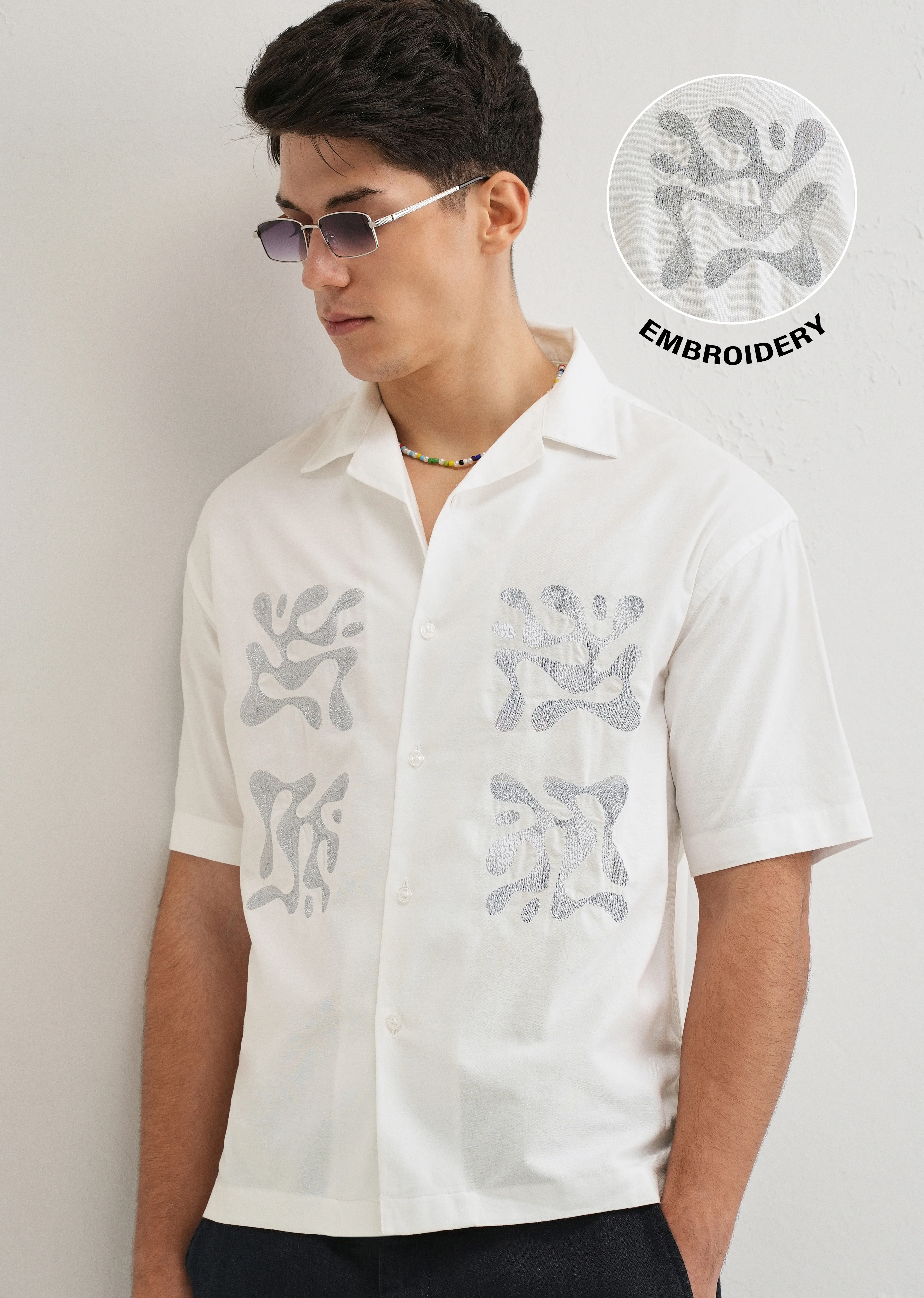 White Embroidery Cuban Collar Cotton Shirt - Image 7