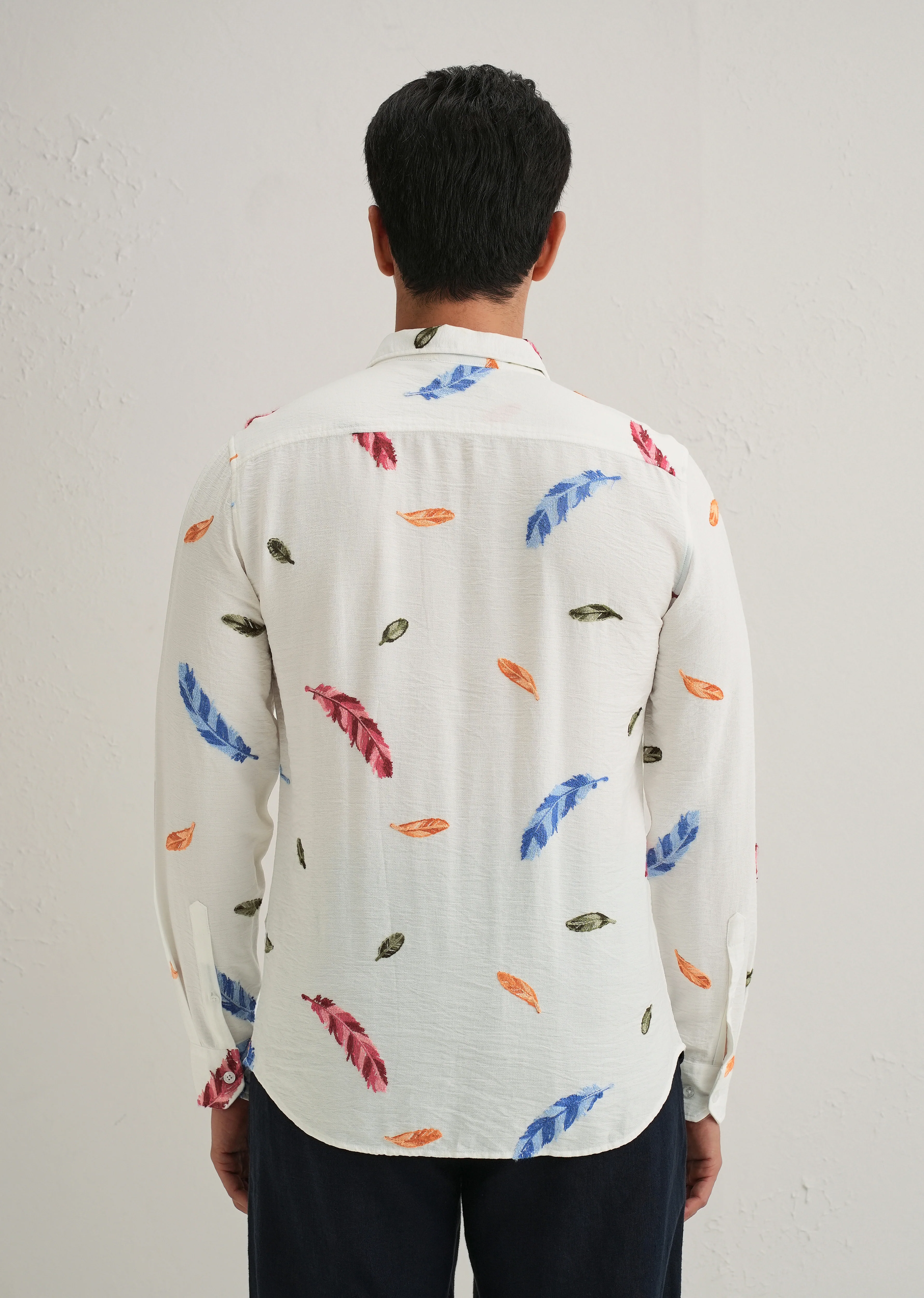 White Feather Leaf Embroidery Shirt - Image 2