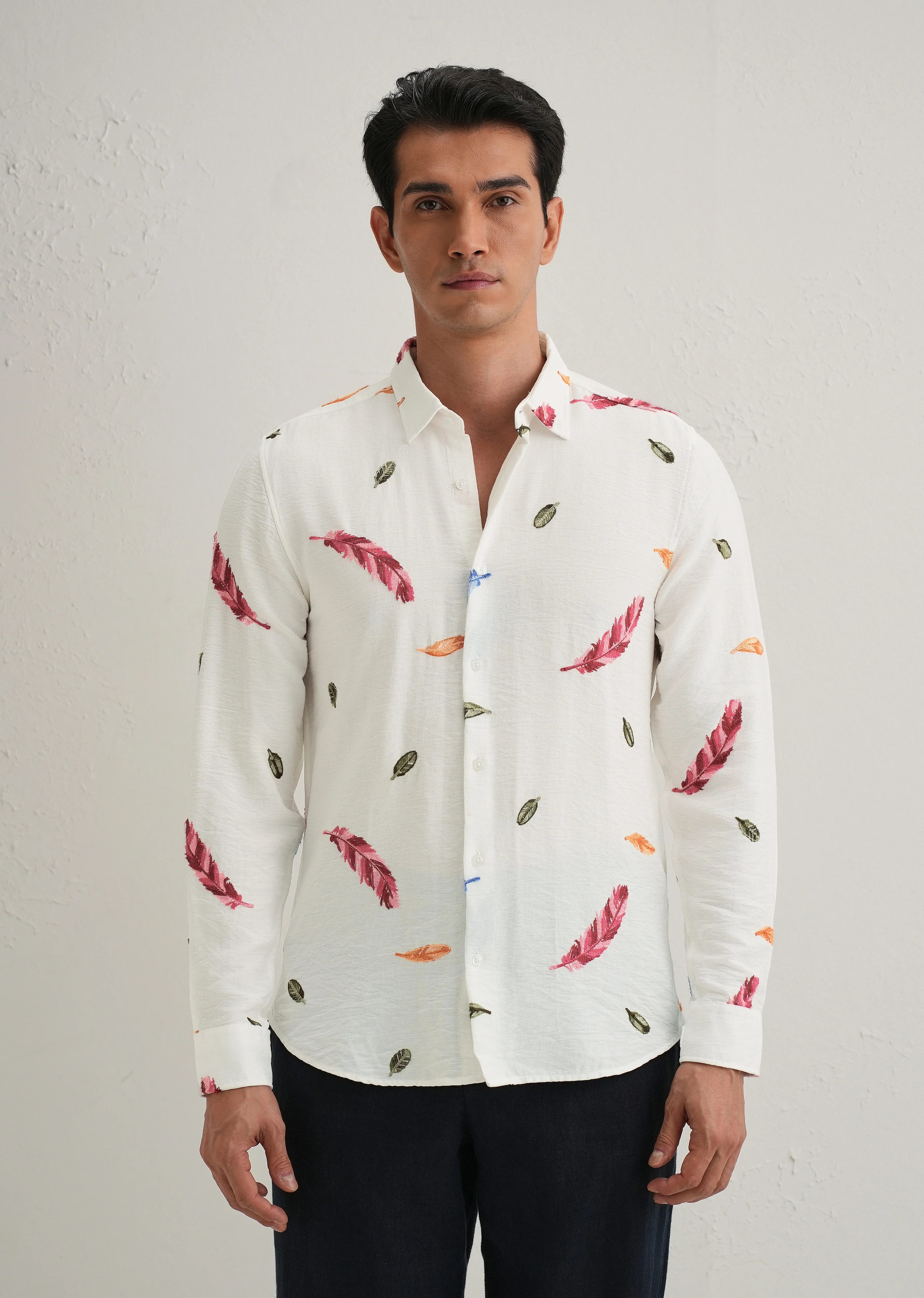 White Feather Leaf Embroidery Shirt - Image 3