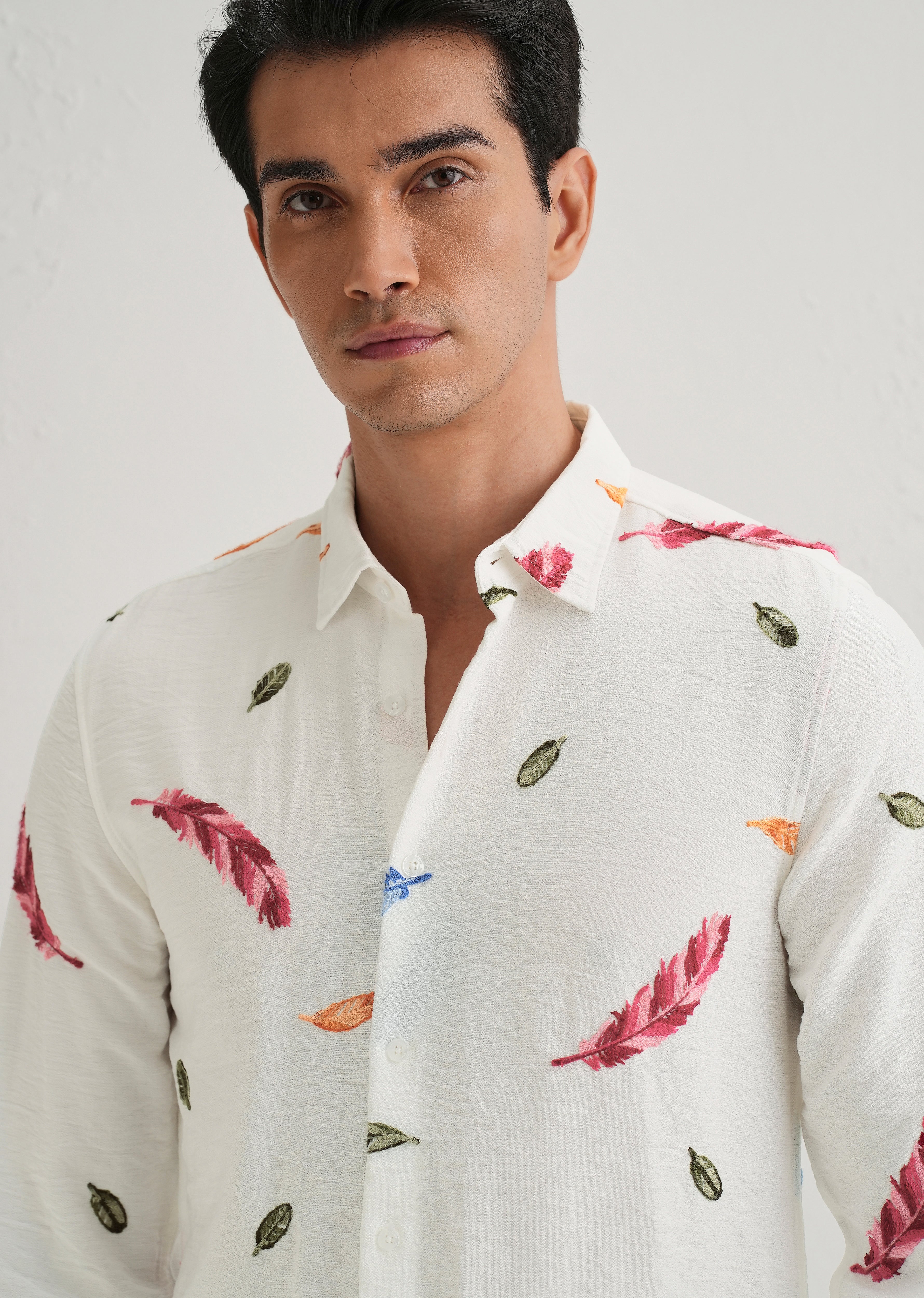 White Feather Leaf Embroidery Shirt - Image 5