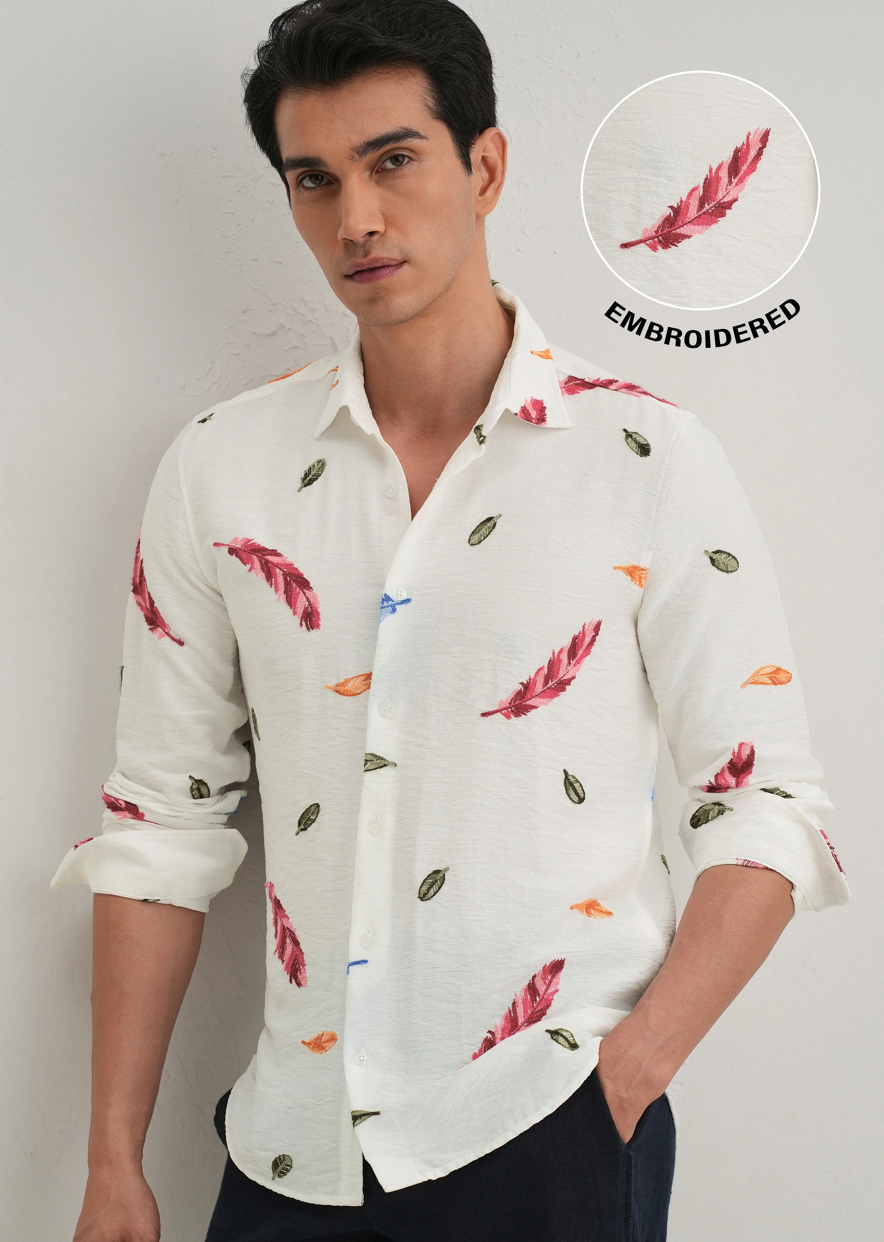White Feather Leaf Embroidery Shirt - Image 7