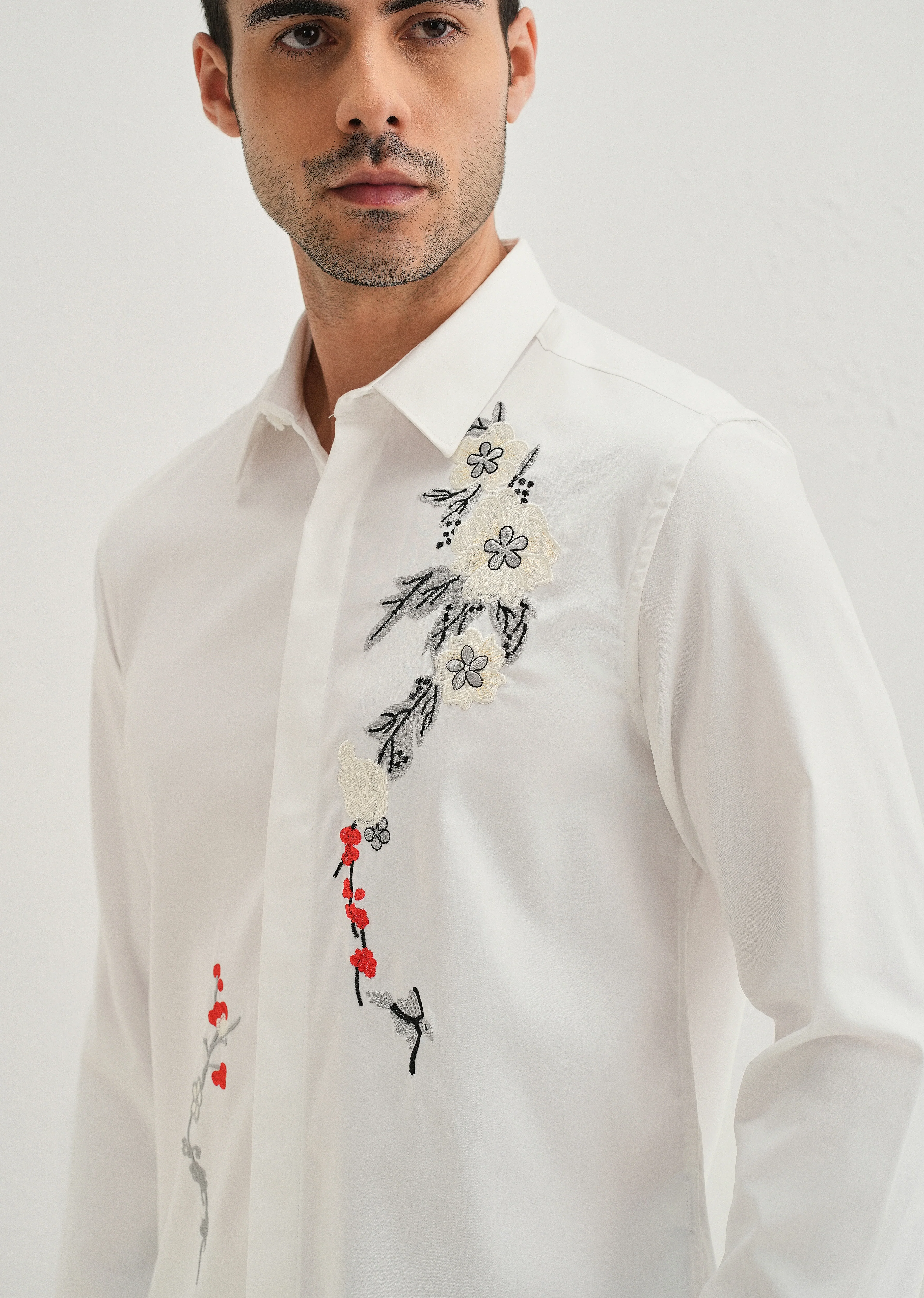 White Floral Embroidered Designer Shirt - Image 2