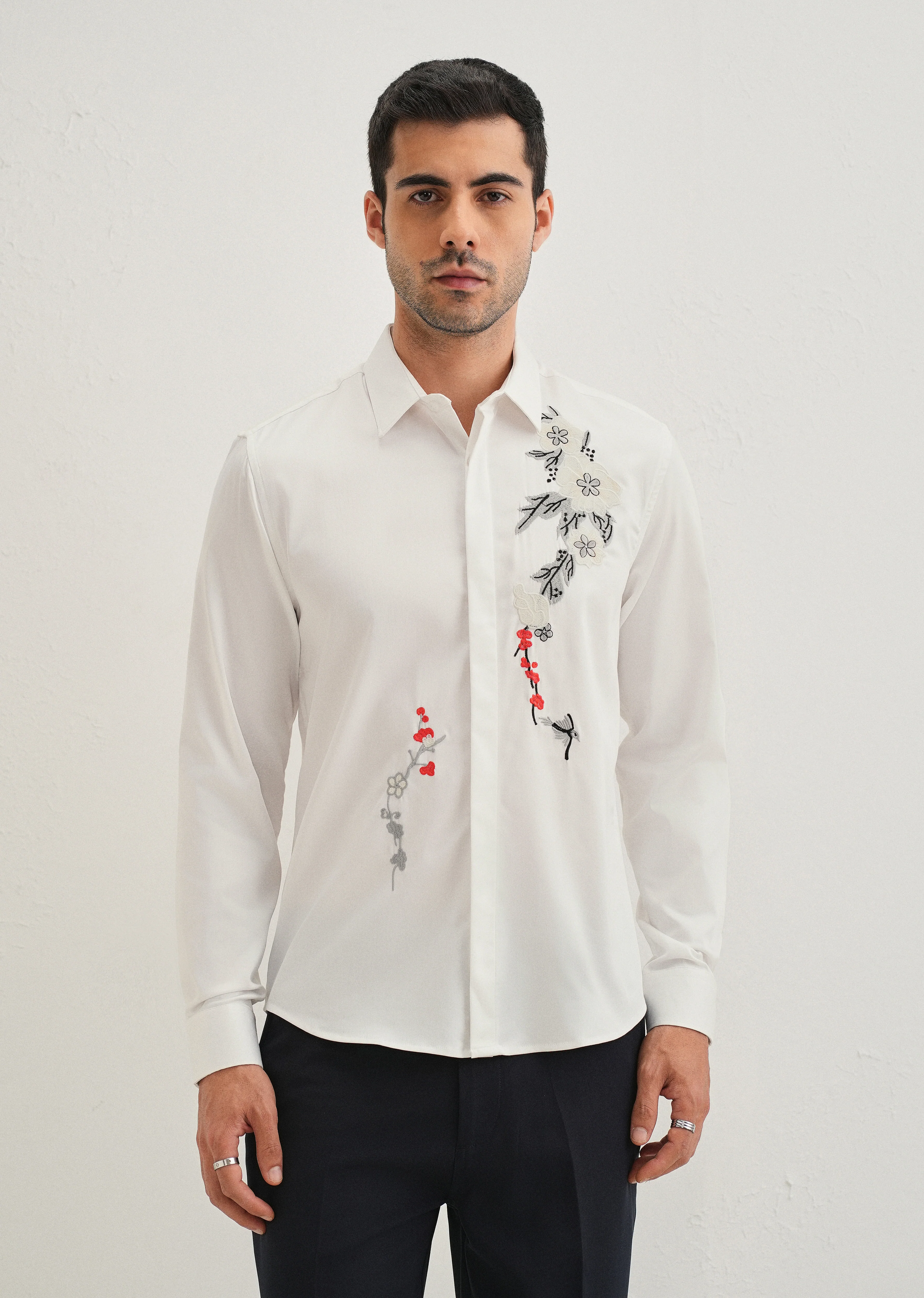 White Floral Embroidered Designer Shirt - Image 3