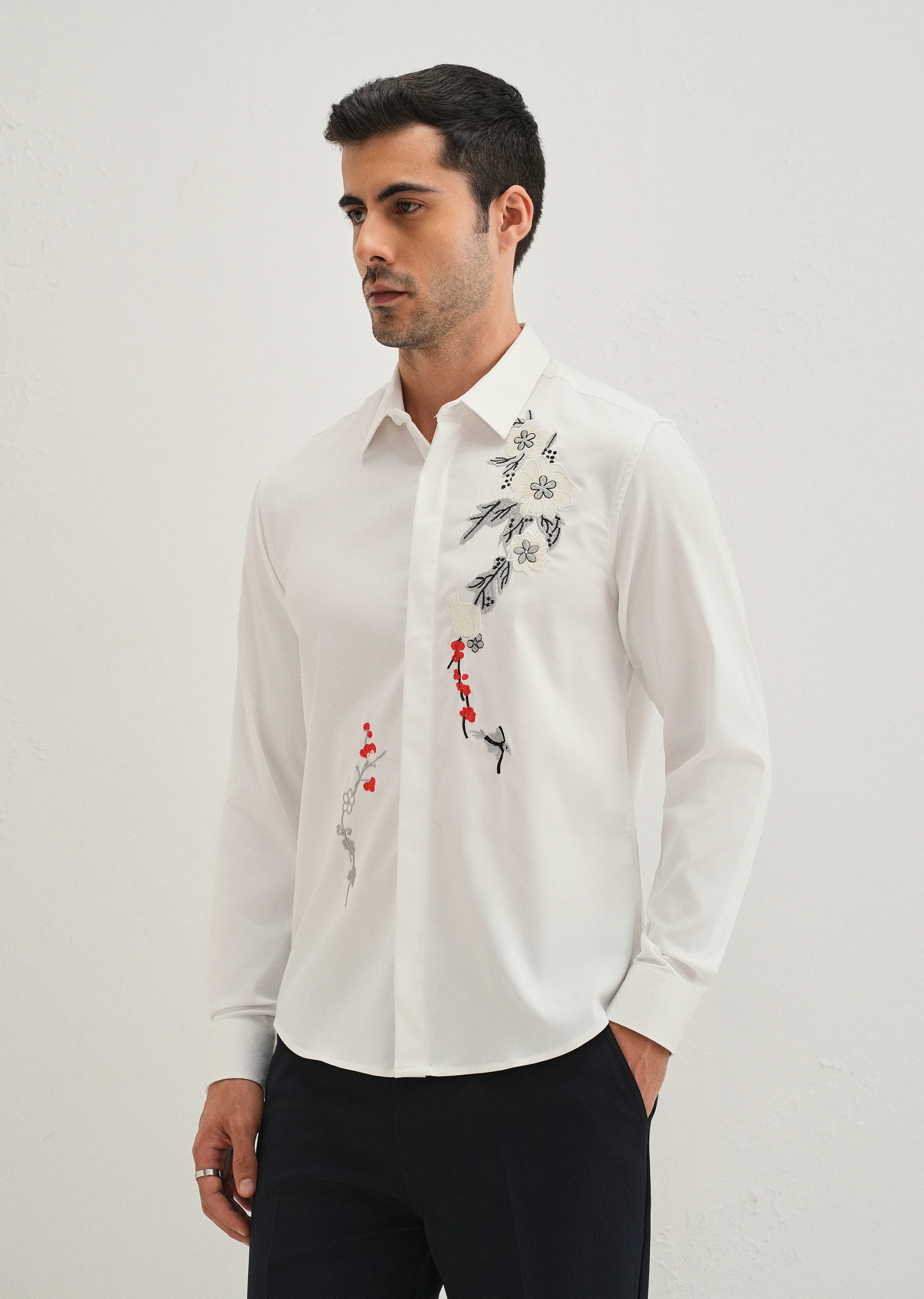 White Floral Embroidered Designer Shirt - Image 5
