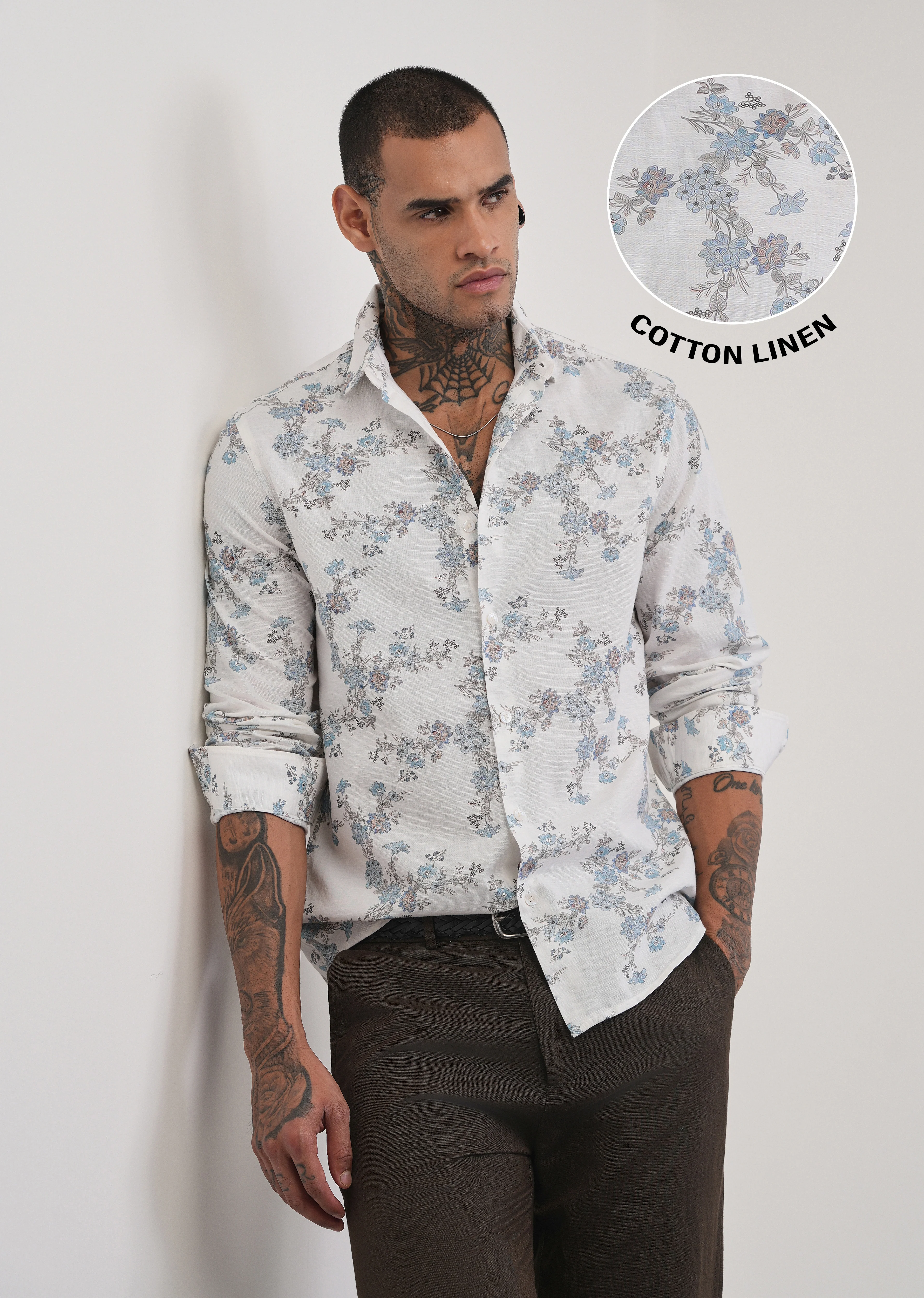 White Floral Print Cotton Linen Shirt - Image 2