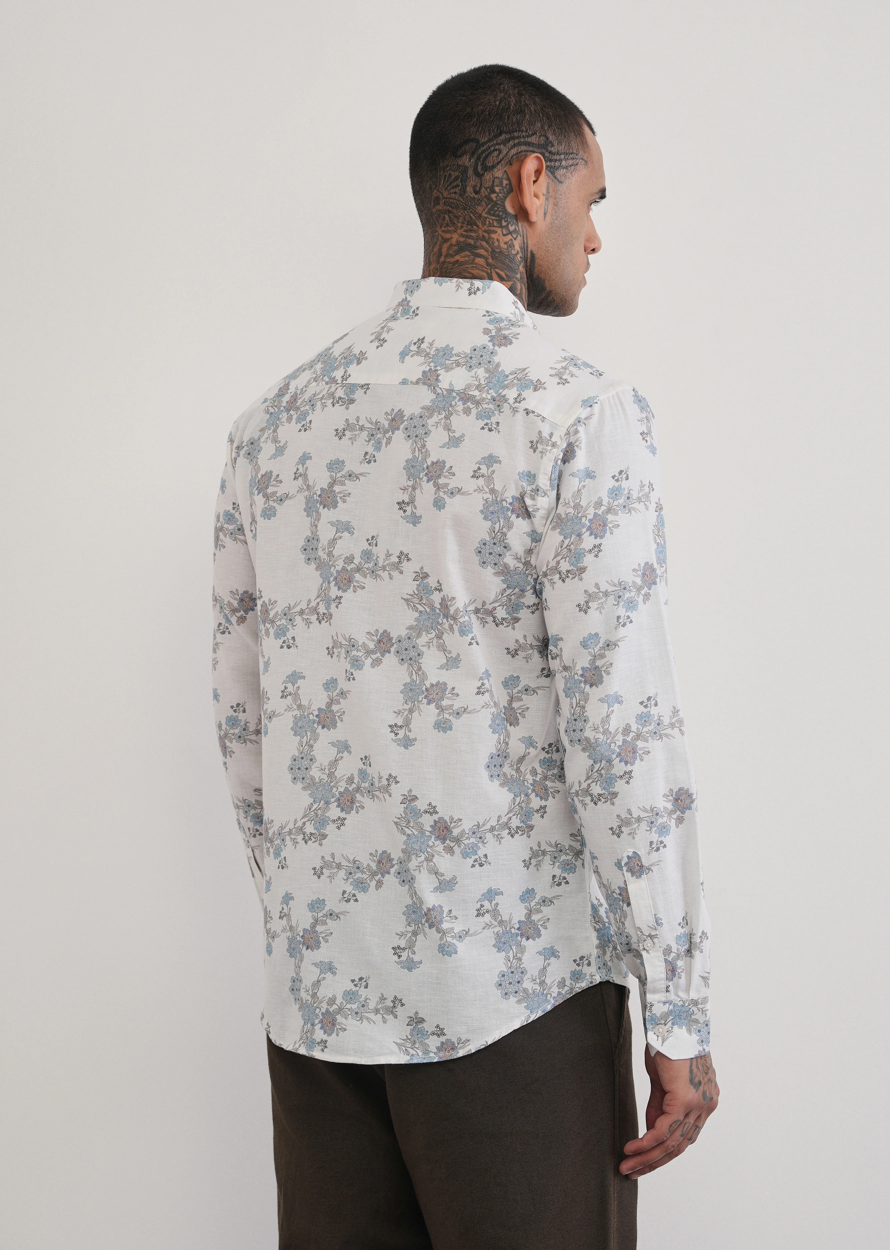 White Floral Print Cotton Linen Shirt - Image 3