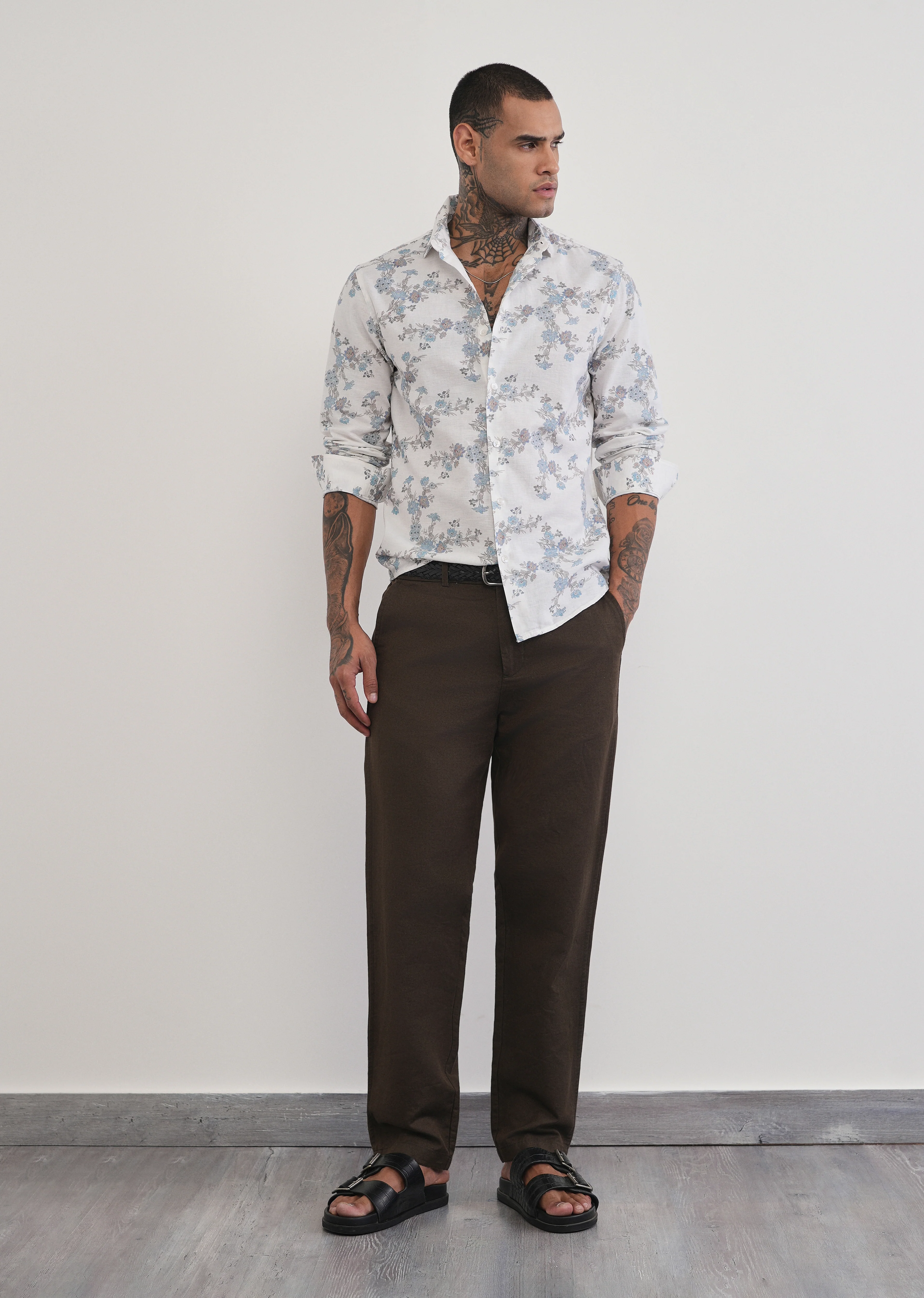 White Floral Print Cotton Linen Shirt - Image 8