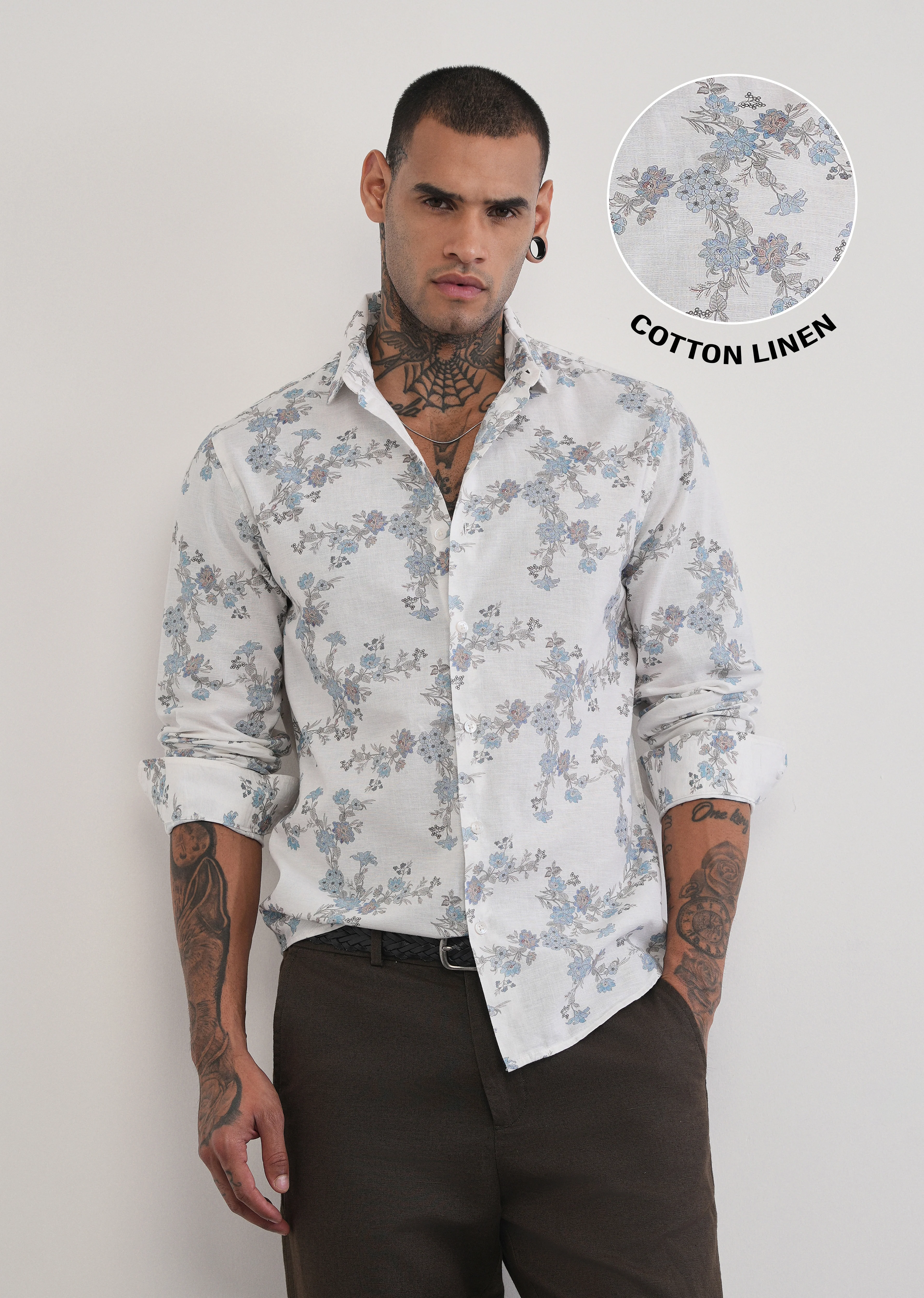 White Floral Print Cotton Linen Shirt - Image 9