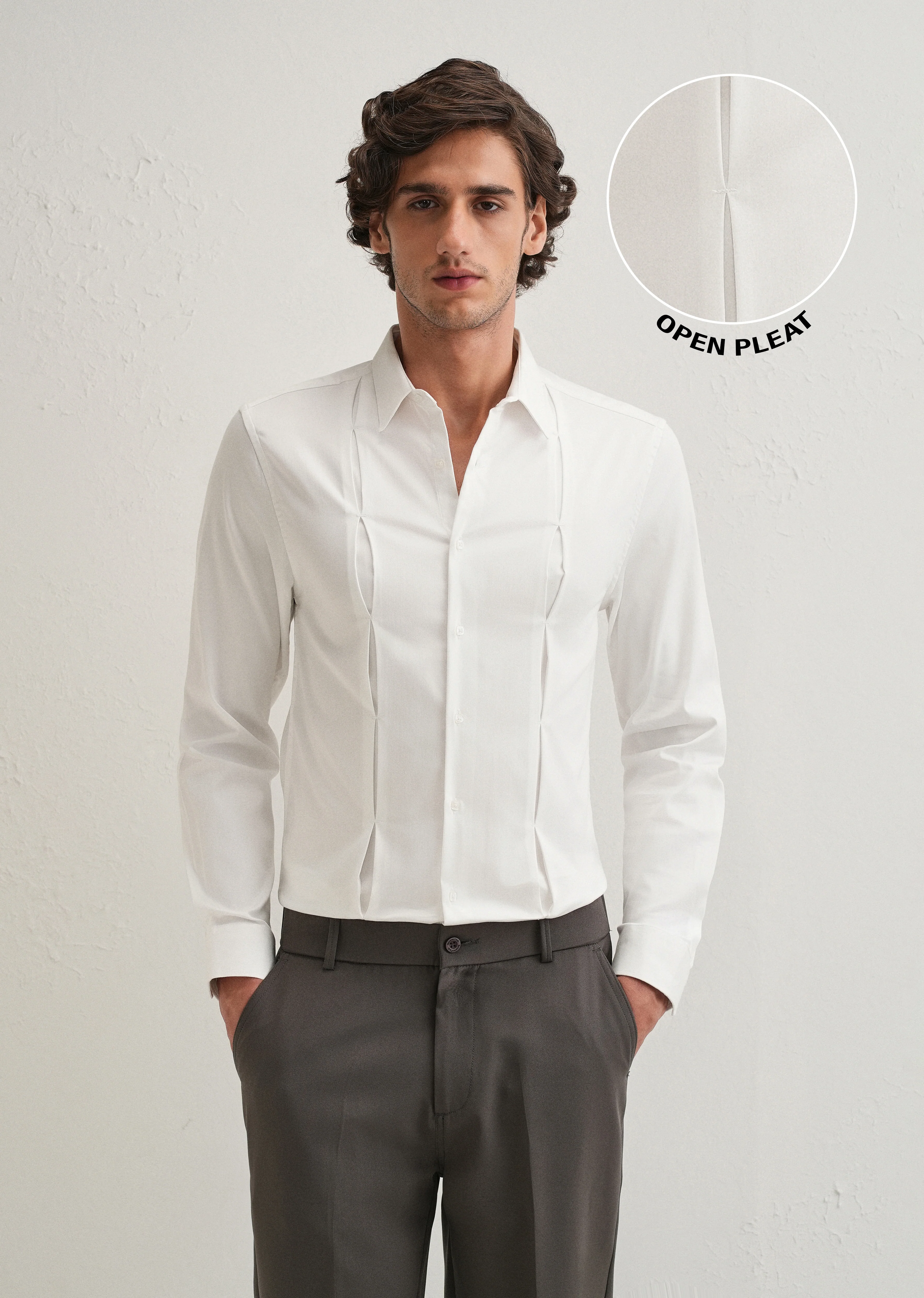 White Front Panel Open Pleat Shirt - Image 7