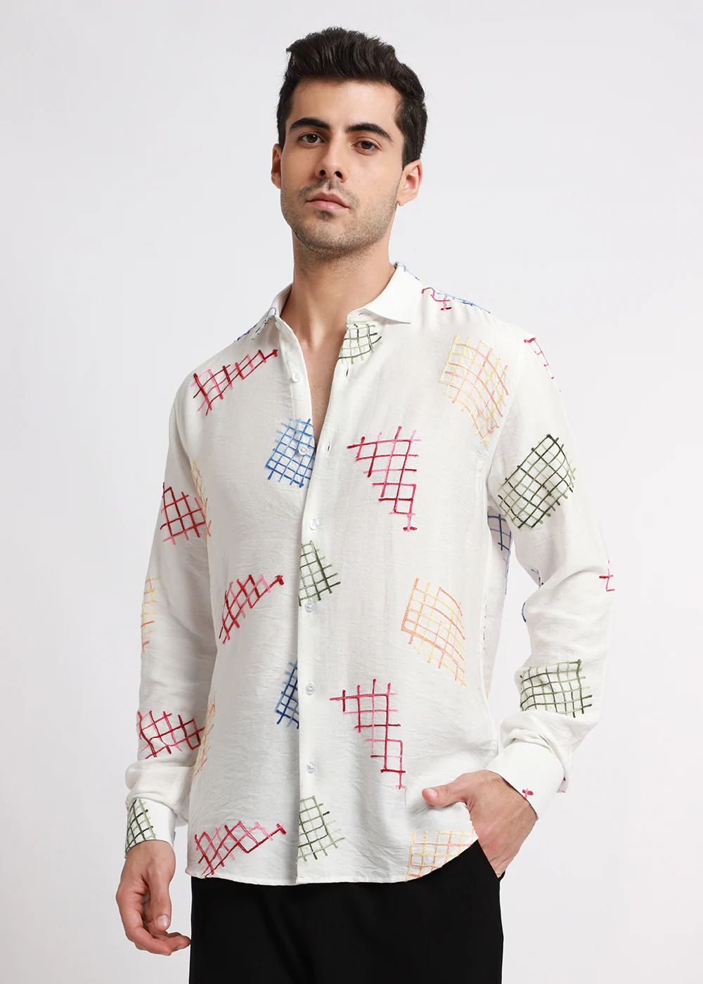 White Geometric Embroidered Shirt - Image 3
