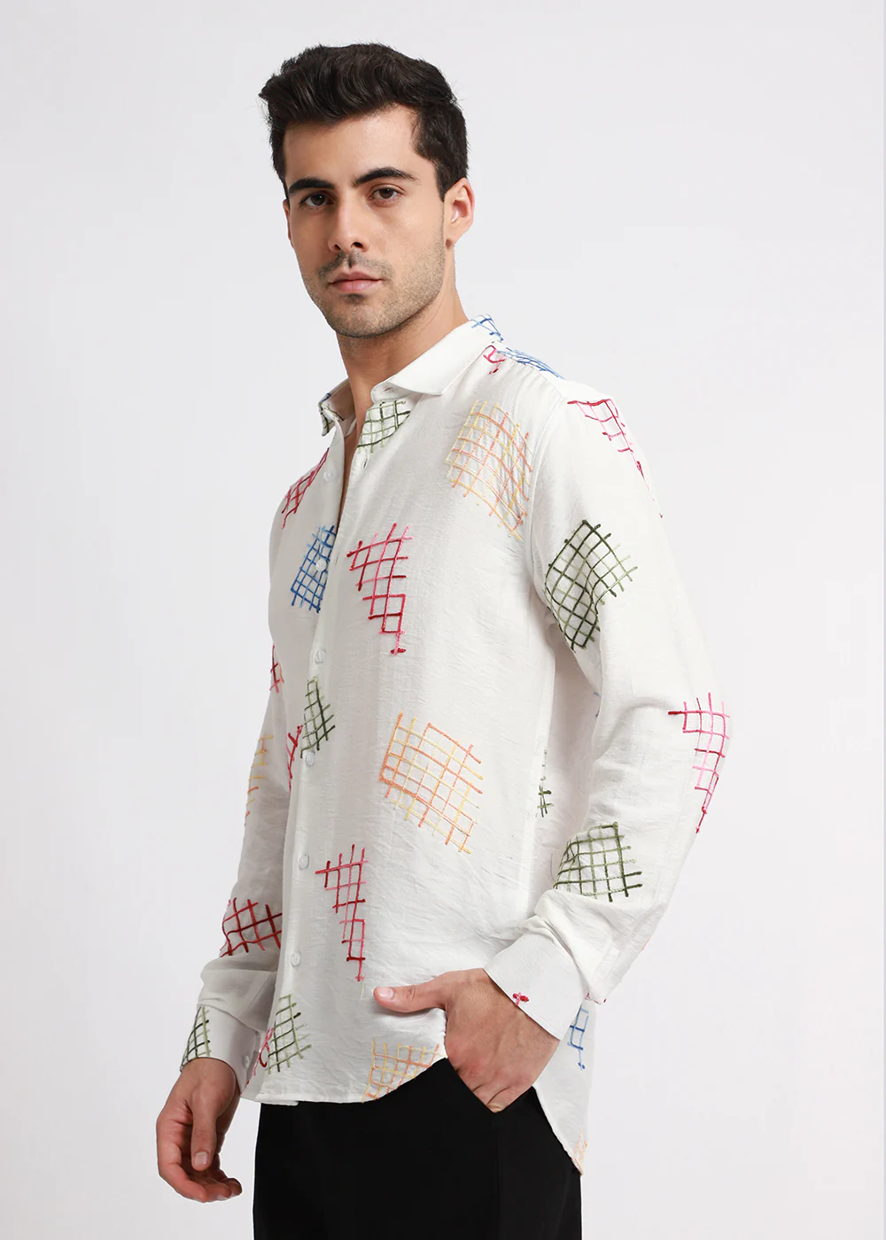 White Geometric Embroidered Shirt - Image 4