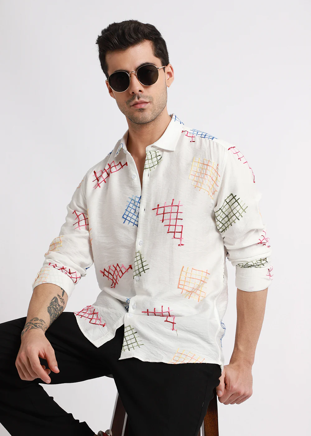White Geometric Embroidered Shirt - Image 8