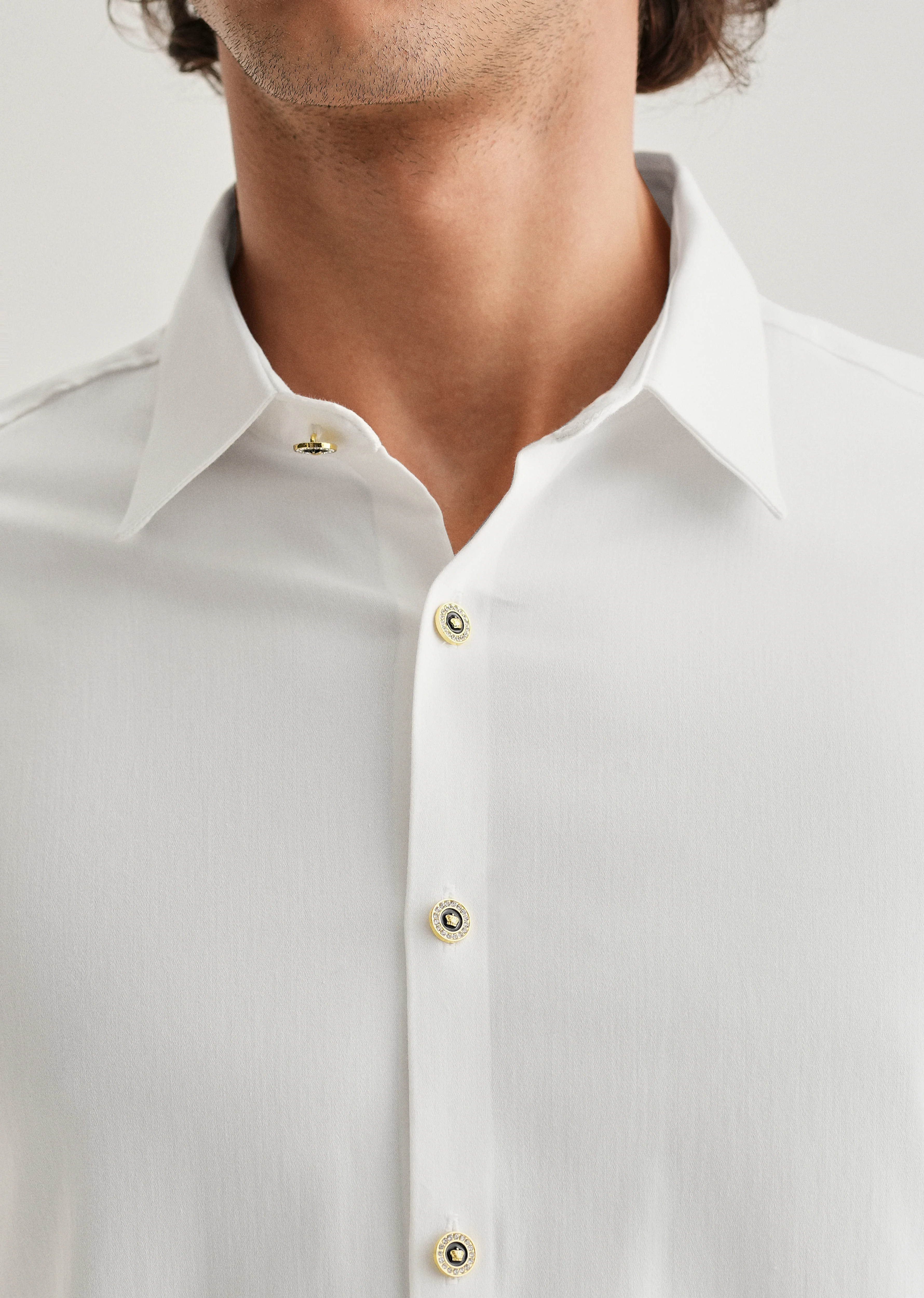 White Glossy Gold Embellished Button Shirt - Image 3