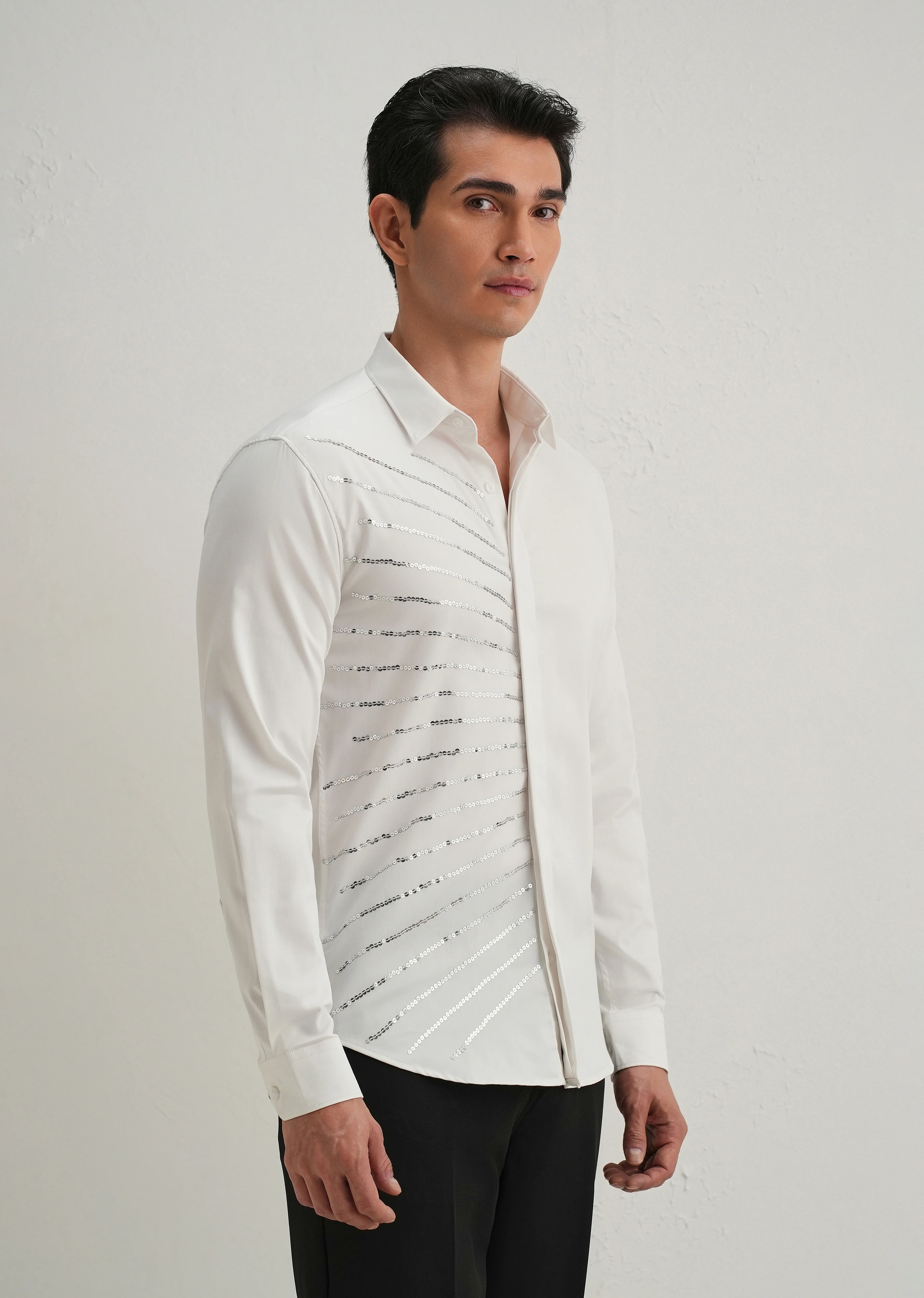 White Gradient Ray Sequin Designer Shirt - Image 5