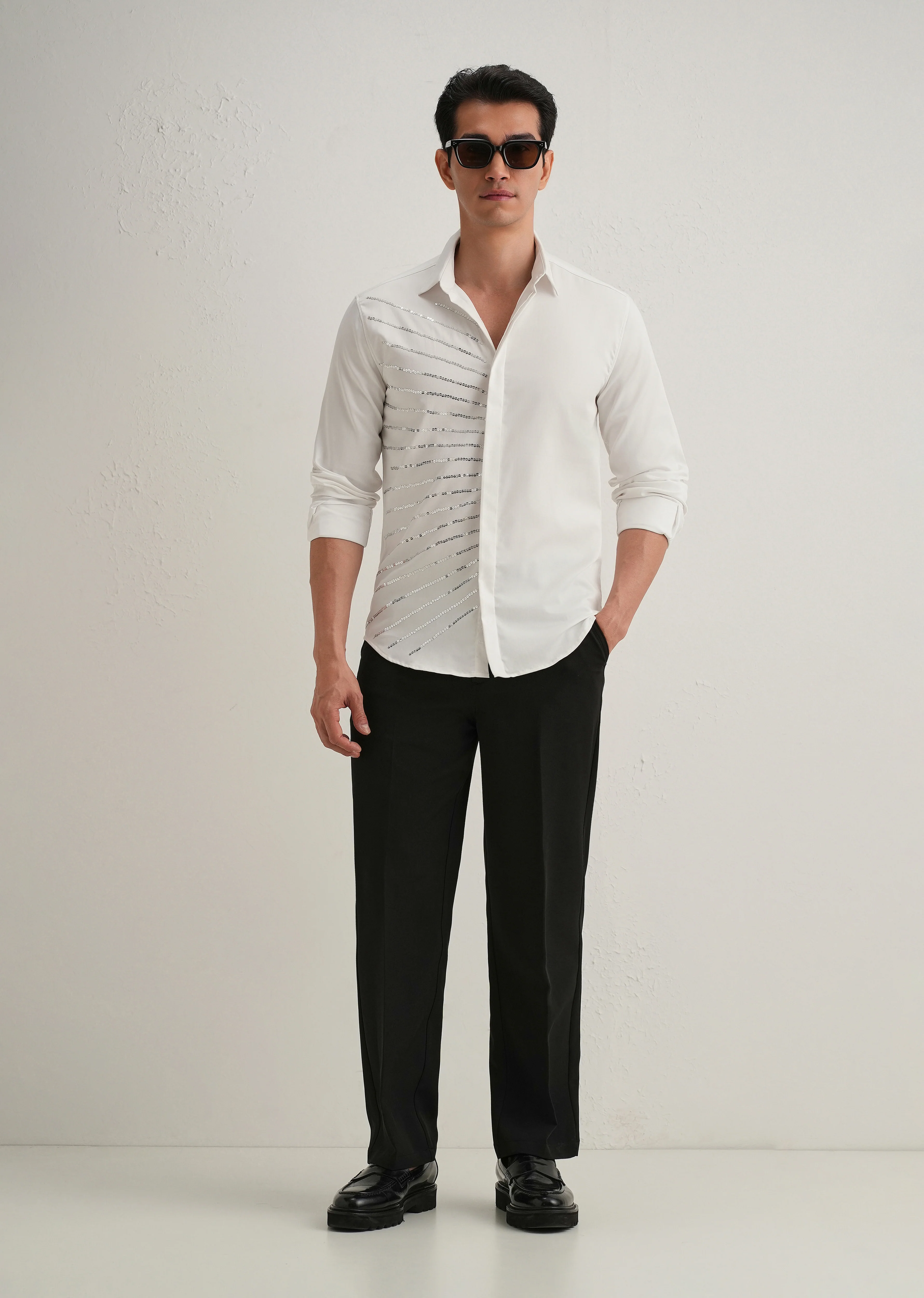 White Gradient Ray Sequin Designer Shirt - Image 6
