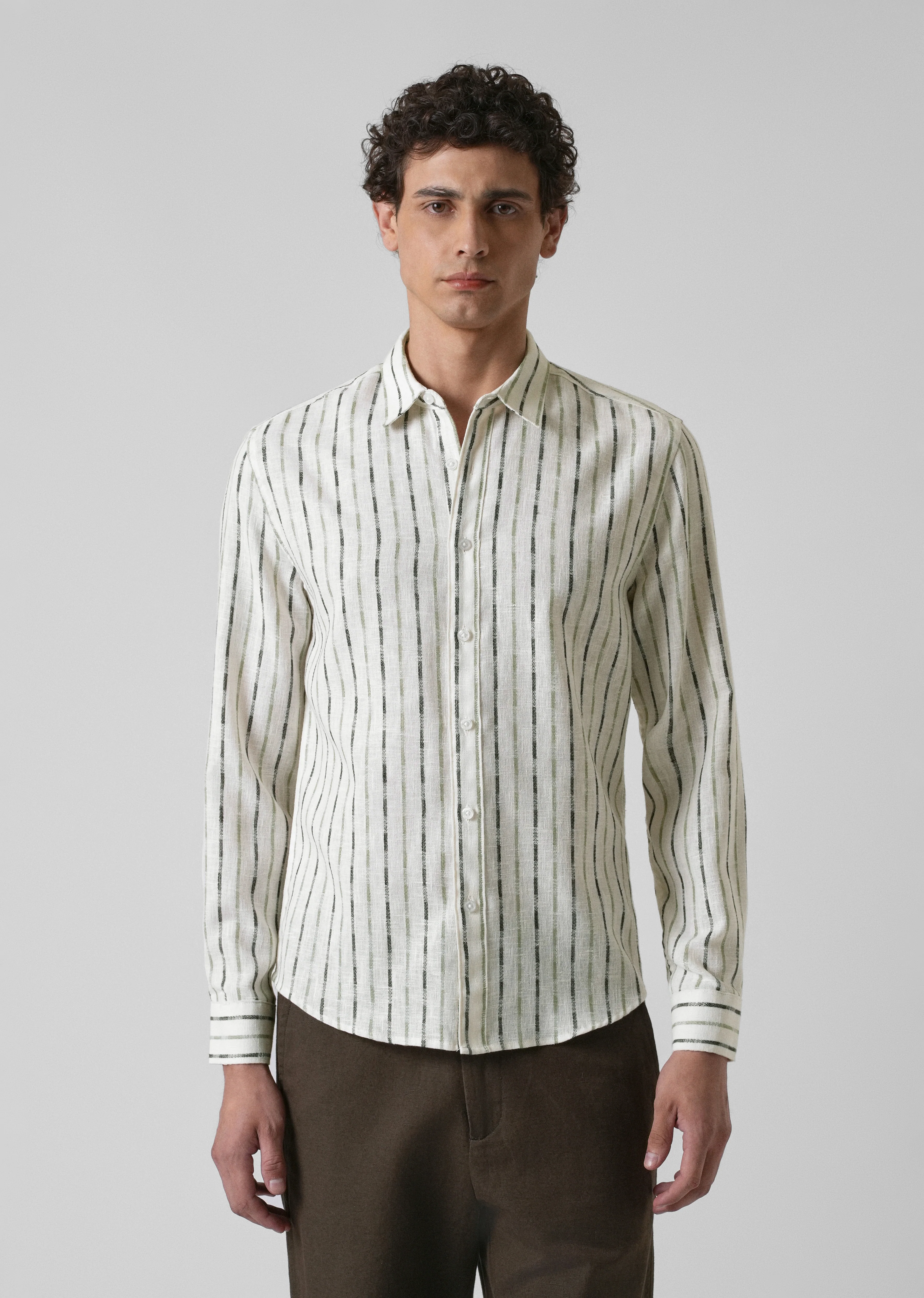 White Green Blended Cotton Striped Shirt - Image 3
